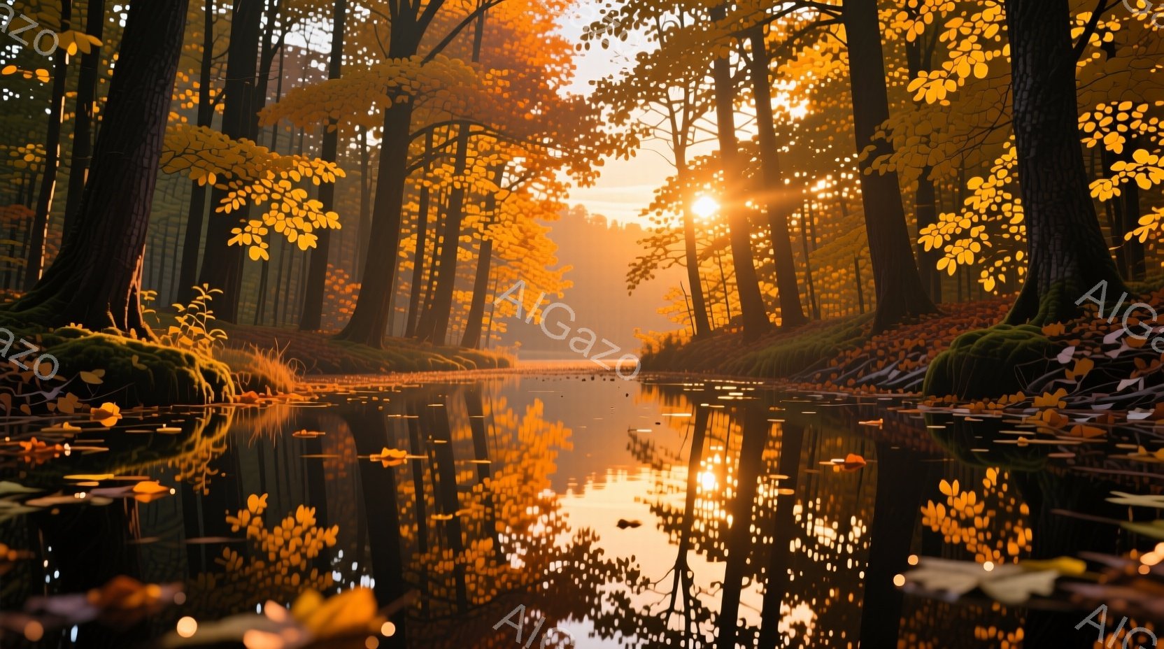 鮮やかな秋の森が描かれ、水面には木々や太陽光が反射して黄金色に輝いている。岸辺には緑の苔が生え、落ち葉が点在し、静かで穏やかな雰囲気を醸し出している。夕暮れ時の優しい光が全体を包み込み、自然の美しさを際立たせている。
