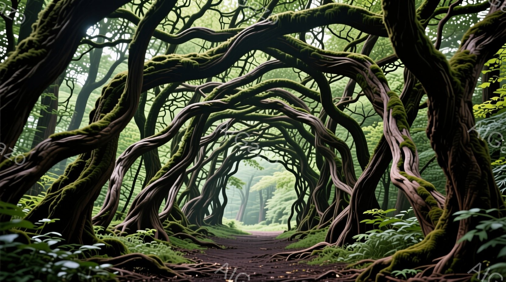 ねじれた木の根がアーチ状に絡み合い、薄暗い森の奥へと続く道を描いています。緑豊かな苔が根に覆い、地面には落ち葉が積もり、湿った空気と静寂が感じられます。光が葉の間から差し込み、幻想的で神秘的な雰囲気を - AI生成フリー素材