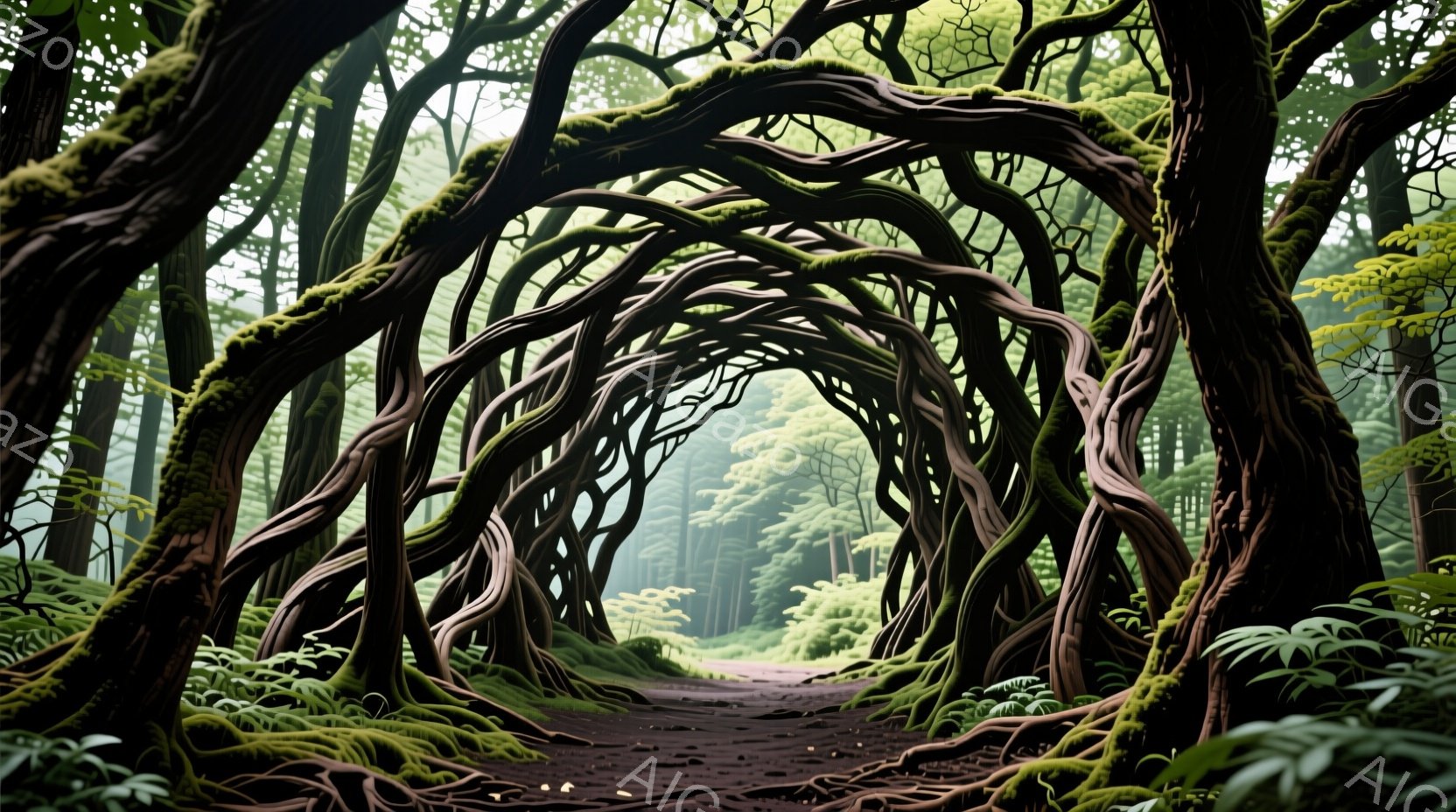鬱蒼とした森の中に、ねじれた根や枝がアーチ状に絡み合い、神秘的なトンネルを形成している。地面は土と落ち葉で覆われ、苔むした木々が周囲を囲み、霧がかった背景が幻想的な雰囲気を醸し出している。全体として、 - AI生成フリー素材