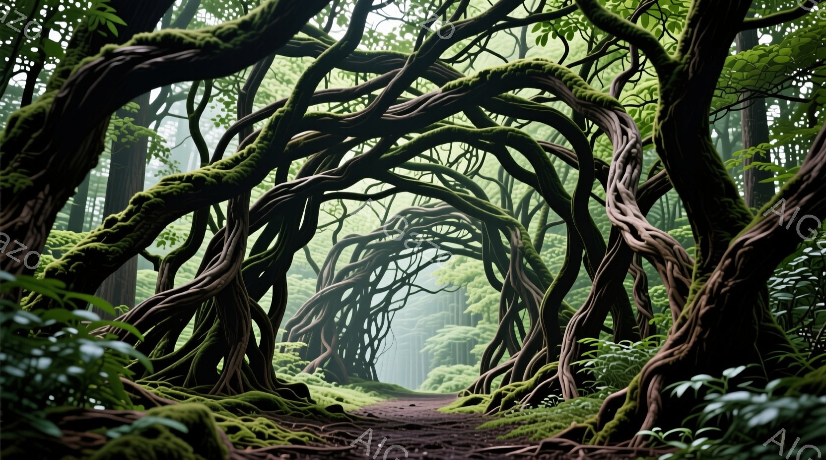 ねじれた木の根がアーチ状に絡み合い、深い森の中に続く道を作り出している。根には緑色の苔が生い茂り、湿った森の雰囲気を強調している。遠くには霧がかかり、幻想的で神秘的な光景が広がっている。
