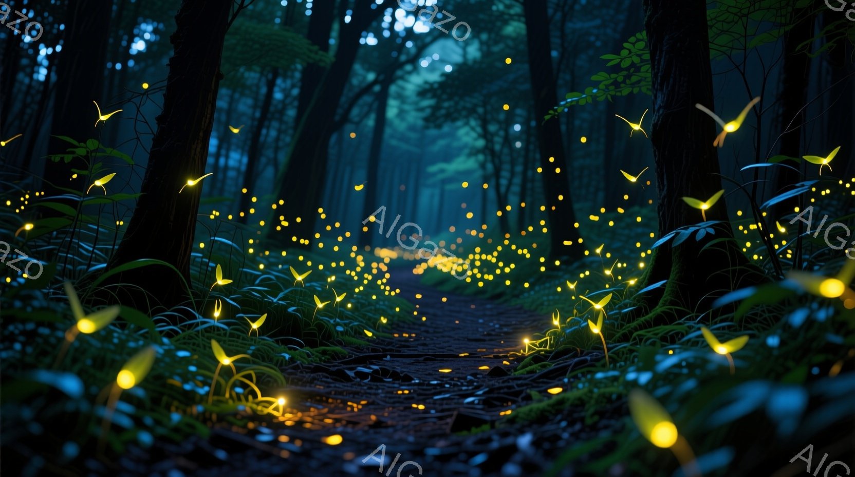 暗い森の中を縫うように道が伸びており、無数の光る虫（ホタル）が幻想的な光を放ち、まるで星空が地上に舞い降りたかのようです。道の両脇には緑豊かな草木が生い茂り、苔むした木々が神秘的な雰囲気を醸し出してい - AI生成フリー素材