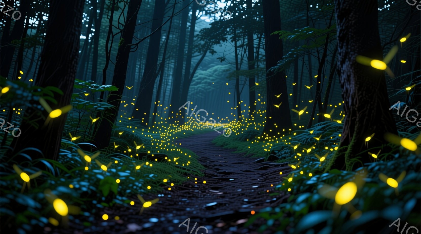 暗い森の中を、無数の蛍が舞っている様子が捉えられています。土道が奥へと続き、両脇には緑豊かな草木が生い茂り、夜の静けさと幻想的な雰囲気を醸し出しています。木々の間からわずかに見える光が、神秘的な空間を - AI生成フリー素材