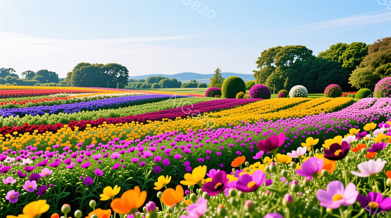 色とりどりの花が広がる美しい花畑です。赤、紫、黄色、ピンクなど、様々な色の花が規則的に配置され、背景には緑豊かな木々や丘が見えます。晴天の下、穏やかで華やかな雰囲気が漂っています。