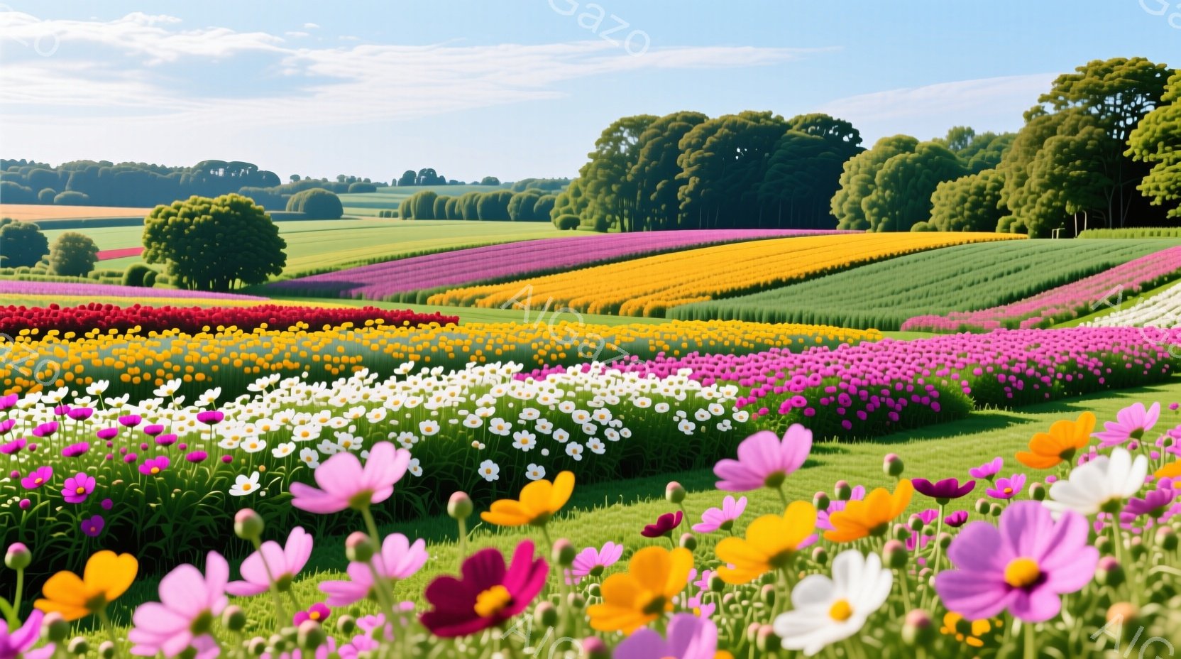 広大な花畑が広がり、ピンク、白、黄色、赤など、様々な色の花が縞模様のように咲き乱れている。背景には緑豊かな木々が連なり、青空の下、明るく華やかな雰囲気が漂っている。花々は一様に咲き誇り、自然の美しさと - AI生成フリー素材