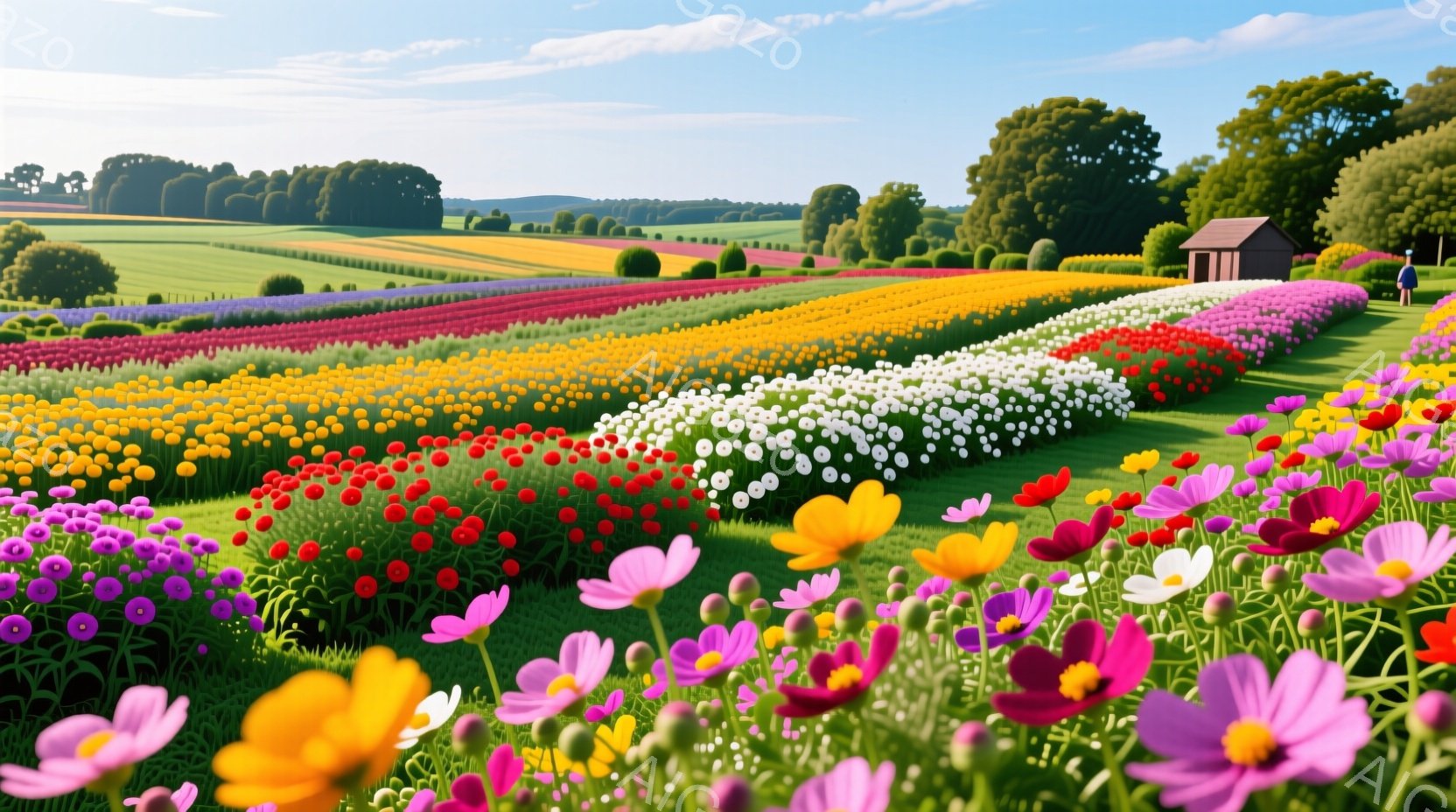 広大な花畑が広がり、赤、白、紫、黄色の花が色彩豊かに咲き乱れている。遠景には可愛らしい小屋と緑豊かな木々が見え、晴天の下、明るく暖かい雰囲気が漂う。一人の人物が、花畑の奥の方に見える小屋の方角へ歩いている。