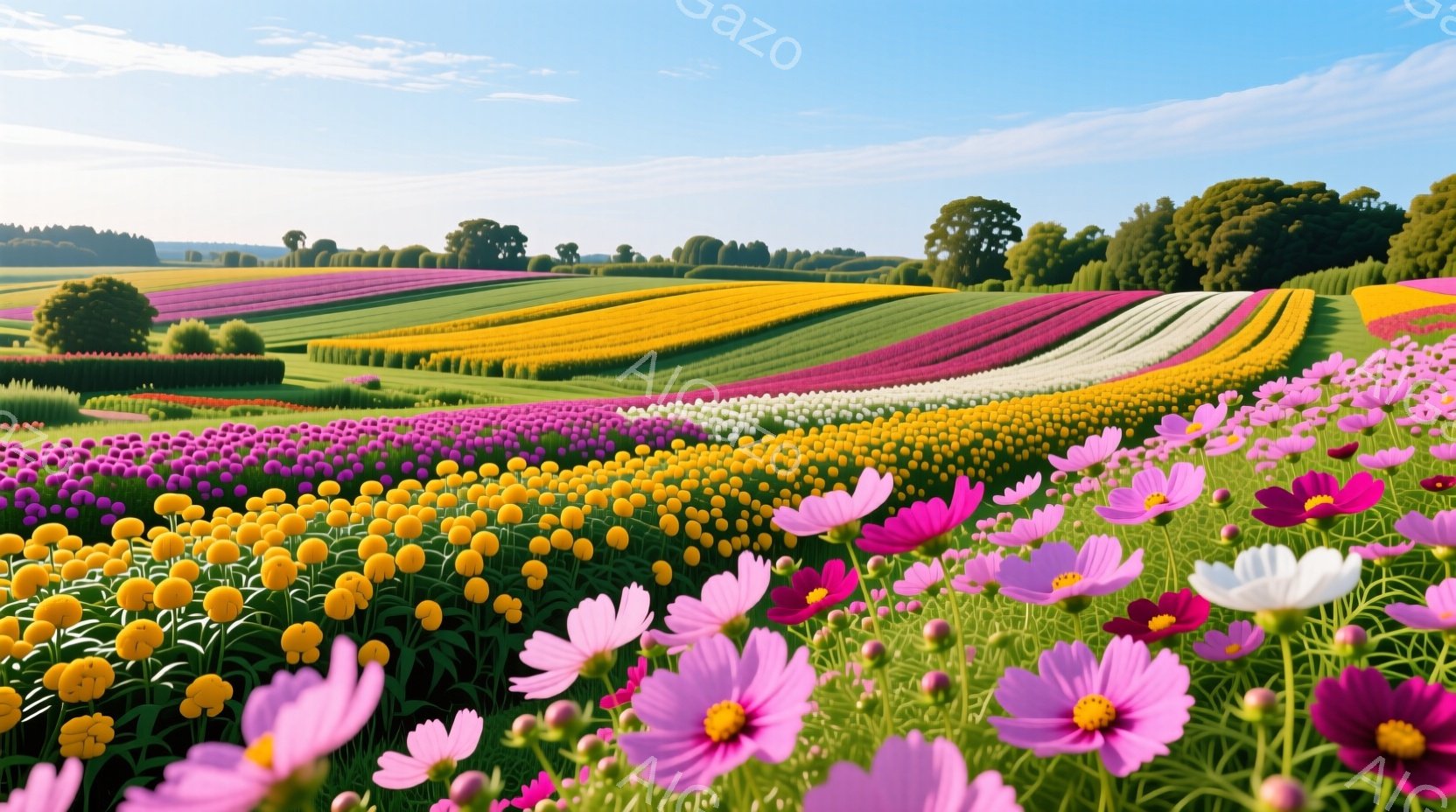 広大な花畑が広がり、ピンク、白、黄色、紫など様々な色の花が規則的に並んでいます。遠景には緑の木々が並び、晴天の下、穏やかで鮮やかな雰囲気が漂っています。花々は密集しており、まるで色彩豊かな絨毯のようで - AI生成フリー素材