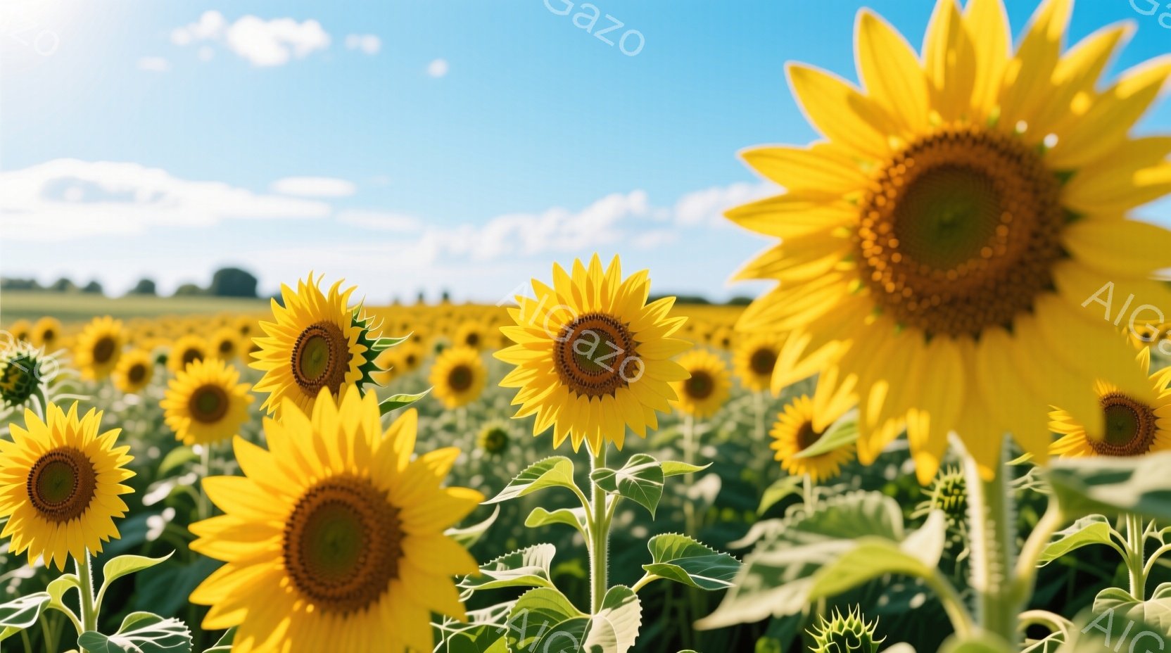 広大なひまわり畑が広がり、鮮やかな黄色い花々が咲き誇っている。焦点の合っているひまわりの花びらは大きく開き、中心部は濃い茶色で、種が詰まっているのがわかる。背景には、ぼやけた緑色の葉と青空が広がり、穏 - AI生成フリー素材