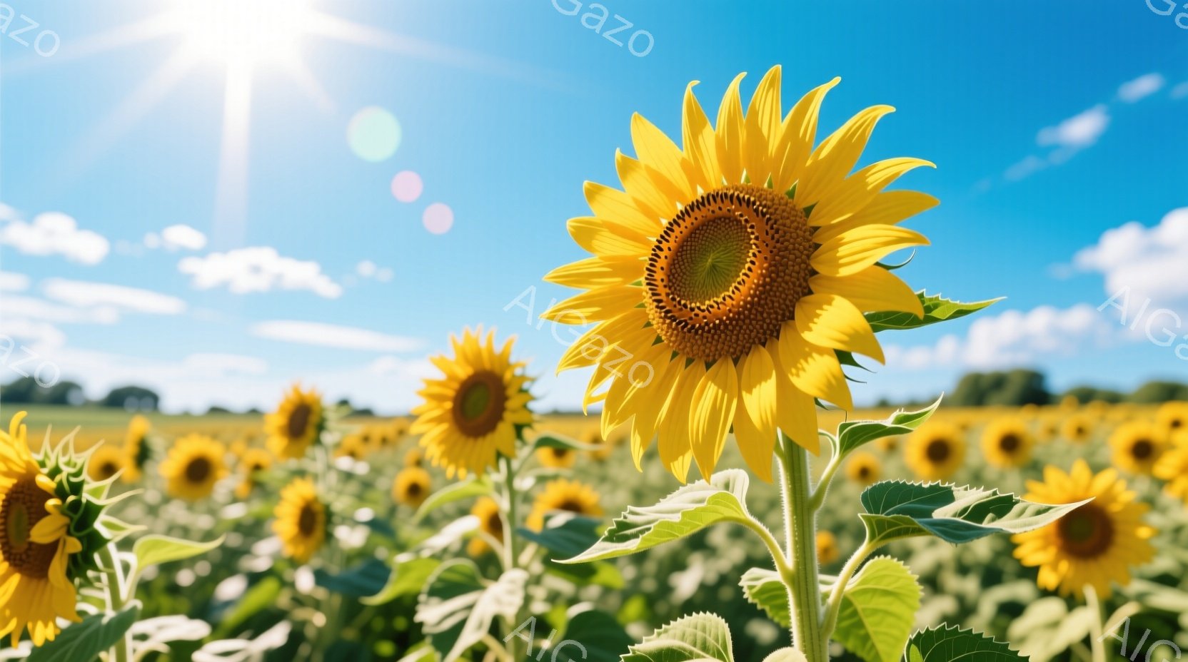 広大なひまわり畑が広がり、鮮やかな黄色い花々が太陽の光を浴びています。手前のひまわりは大きく咲き誇り、緑色の茎と葉が際立っています。青い空と白い雲が広がり、穏やかで明るい夏の日の雰囲気が伝わってきます - AI生成フリー素材