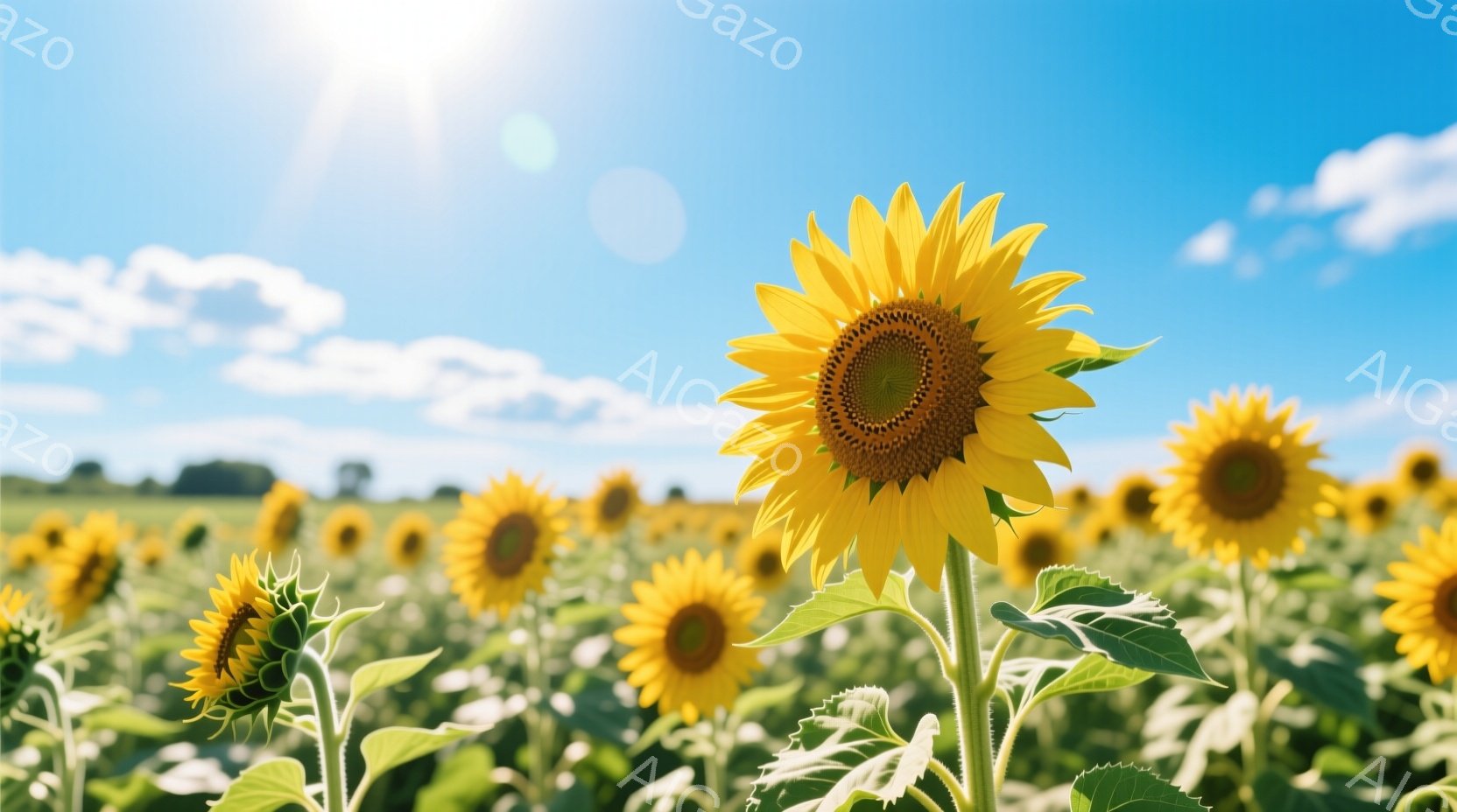 広大なひまわり畑が広がり、鮮やかな黄色い花が太陽の光を浴びて咲き誇っています。手前に大きく咲いたひまわりが目を引き、背景にはぼんやりと緑の葉と青空が広がっています。全体的に明るく、夏らしい、のどかな雰囲気を感じさせます。
