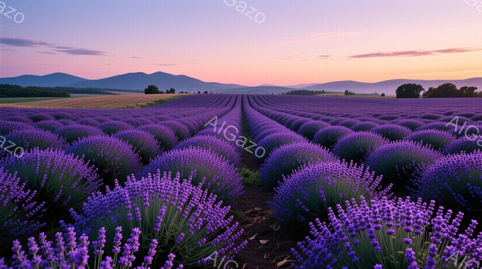広大なラベンダー畑が、整然と行方向に広がっている。背景には、ぼんやりとした山々が夕焼けのオレンジと紫色のグラデーションに染まり、穏やかな雰囲気を醸し出している。畑は鮮やかな紫色で満たされ、そのコントラ - AI生成フリー素材