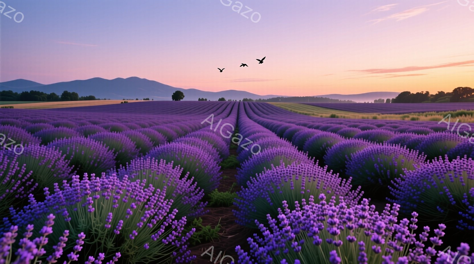 ラベンダー畑が広がり、紫色の花が整然と並んでいる。遠くにはなだらかな丘陵が連なり、空は夕焼けのオレンジとピンクのグラデーションで染まっている。数羽の鳥が空を舞い、穏やかで平和な雰囲気を醸し出している。 - AI生成フリー素材