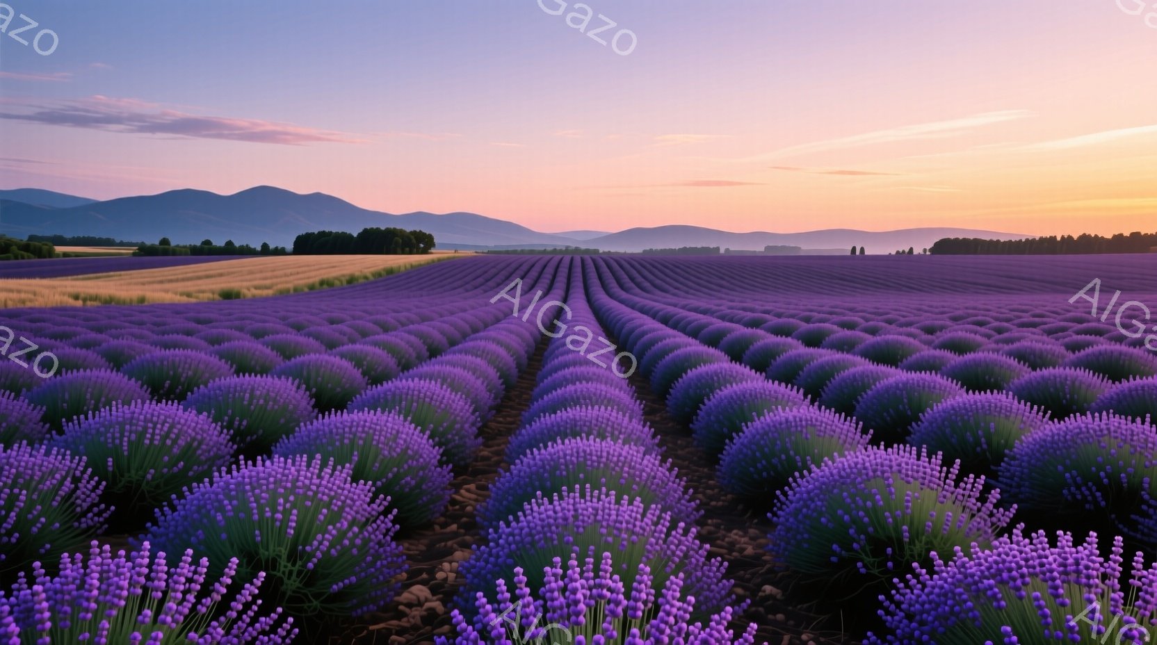 広大なラベンダー畑が、整然と並んだ紫色の絨毯のように広がっている。遠景には、緑の木々が点在し、穏やかな山並みが夕焼け空に浮かび上がり、空はオレンジ色と紫色の美しいグラデーションを描いている。全体的に、 - AI生成フリー素材