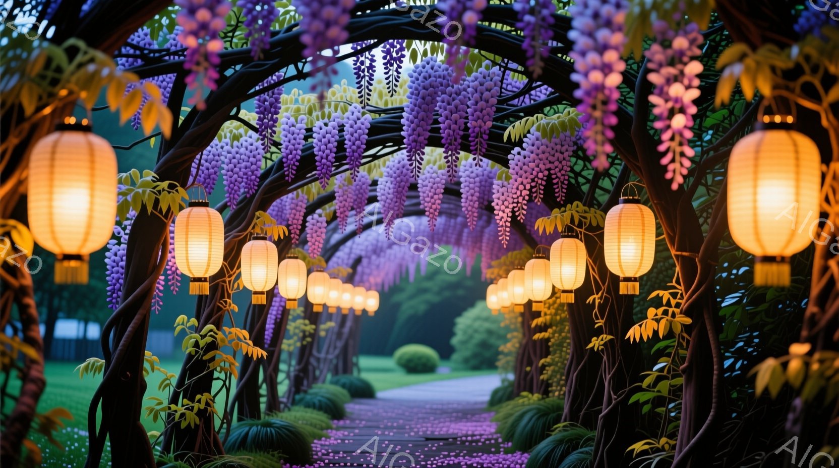 藤の花が咲き乱れるトンネルが印象的な光景です。紫色の美しい藤の花が、まるで滝のように降り注ぎ、地面には薄紫色の花びらが散らばっています。トンネル内には提灯が灯され、幻想的な雰囲気を醸し出しています。