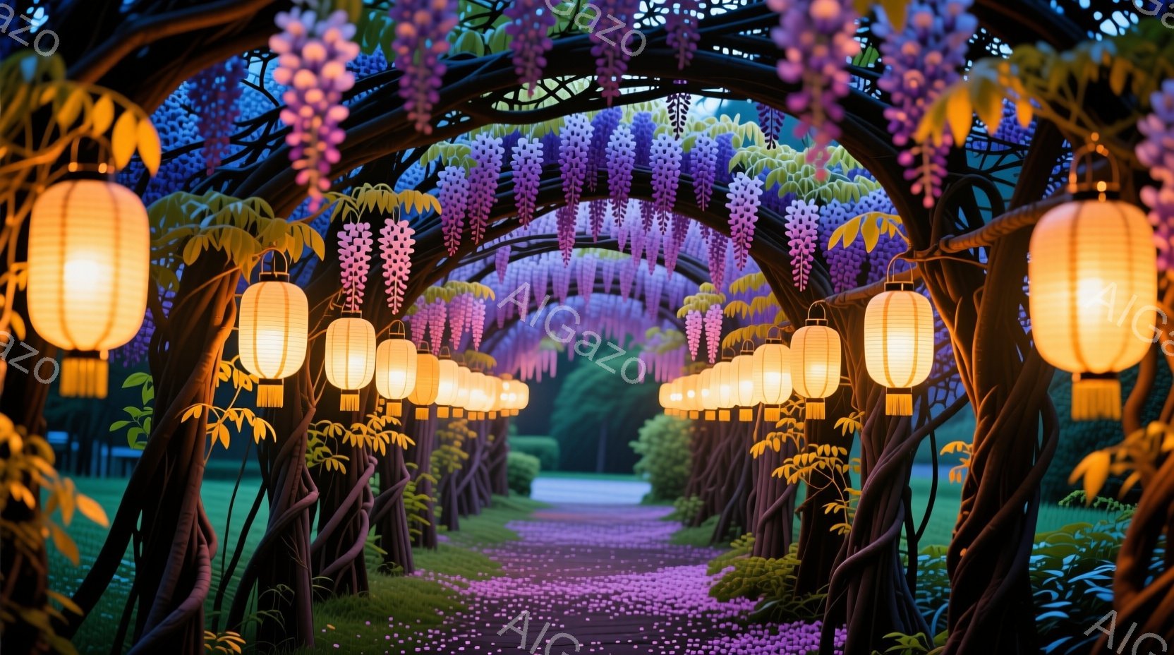 藤の花が咲き乱れるアーチが印象的な風景です。地面には藤色の花びらが散りばめられ、足元を彩っています。アーチの上には提灯が連なり、幻想的で温かい雰囲気を醸し出しています。