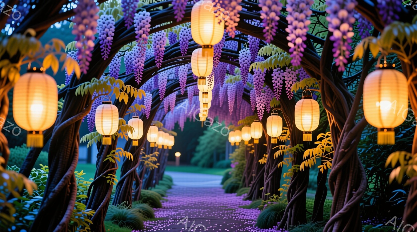 藤の花が咲き乱れるトンネルが印象的な画像です。地面には花びらが散りばめられ、トンネル内には暖色の提灯が吊るされ、幻想的な雰囲気を醸し出しています。背景には緑豊かな木々が見え、穏やかな夜の自然を感じさせます。