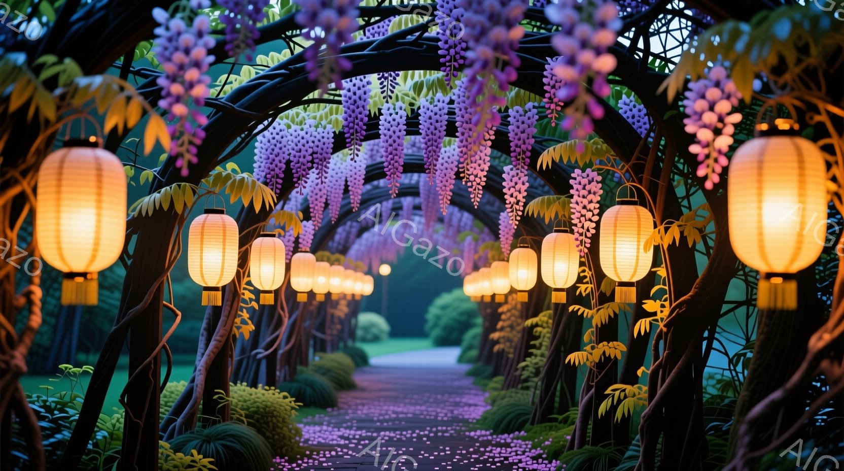 藤の花が咲き乱れるトンネルが印象的な風景です。紫色の藤の花は、まるで滝のように降り注ぎ、地面には薄紫色の花びらが散りばめられています。温かい光を放つ提灯がトンネル内を照らし、幻想的でロマンチックな雰囲気を醸し出しています。