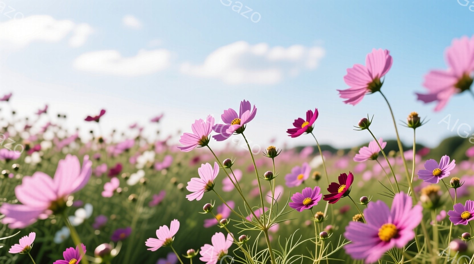 広大なコスモス畑が広がり、ピンクや紫、白の鮮やかな花々が咲き乱れている。背景には緑の草地と、ぼやけた遠景の木々が見え、晴れた空には白い雲が浮かんでいる。全体的に明るく、穏やかで、自然の美しさを感じさせ - AI生成フリー素材