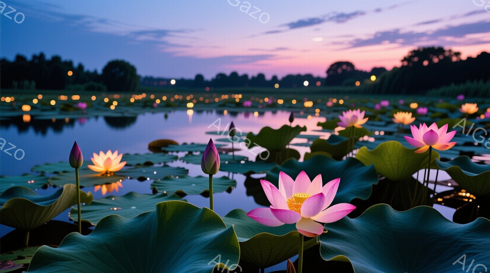 鮮やかなピンク色の蓮の花が水面に咲き誇り、緑の大きな葉の上に咲き乱れている。背景には、夕焼け空の下、遠くの岸辺にぼんやりと光る無数の灯りが並び、穏やかな水面に反射して幻想的な雰囲気を醸し出している。夕暮れ時の静寂と蓮の美しさが調和し、平和で瞑想的な情景が広がっている。