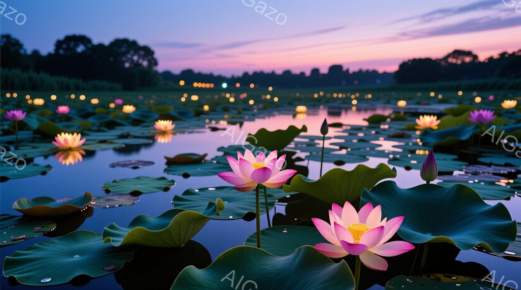 鮮やかなピンク色の蓮の花が、緑色の大きな葉に囲まれて水面に咲き誇っています。夕暮れ時の空は紫色からオレンジ色へとグラデーションを描き、水面には無数の蓮の花が灯りを灯し、幻想的な雰囲気を醸し出しています - AI生成フリー素材
