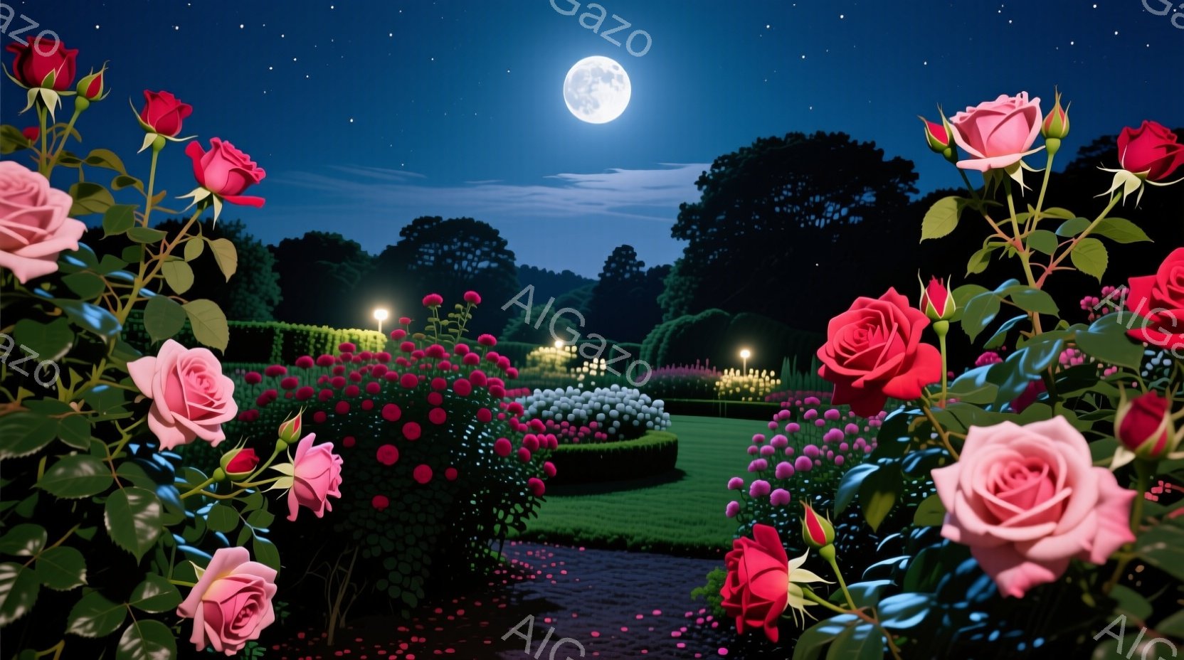 夜の庭園には、深紅とピンクのバラが咲き乱れ、月明かりの下で幻想的な雰囲気を醸し出しています。手入れの行き届いた芝生と、遠くに見える木々のシルエットが、庭園の美しさを際立たせています。バラの花びらが敷き - AI生成フリー素材