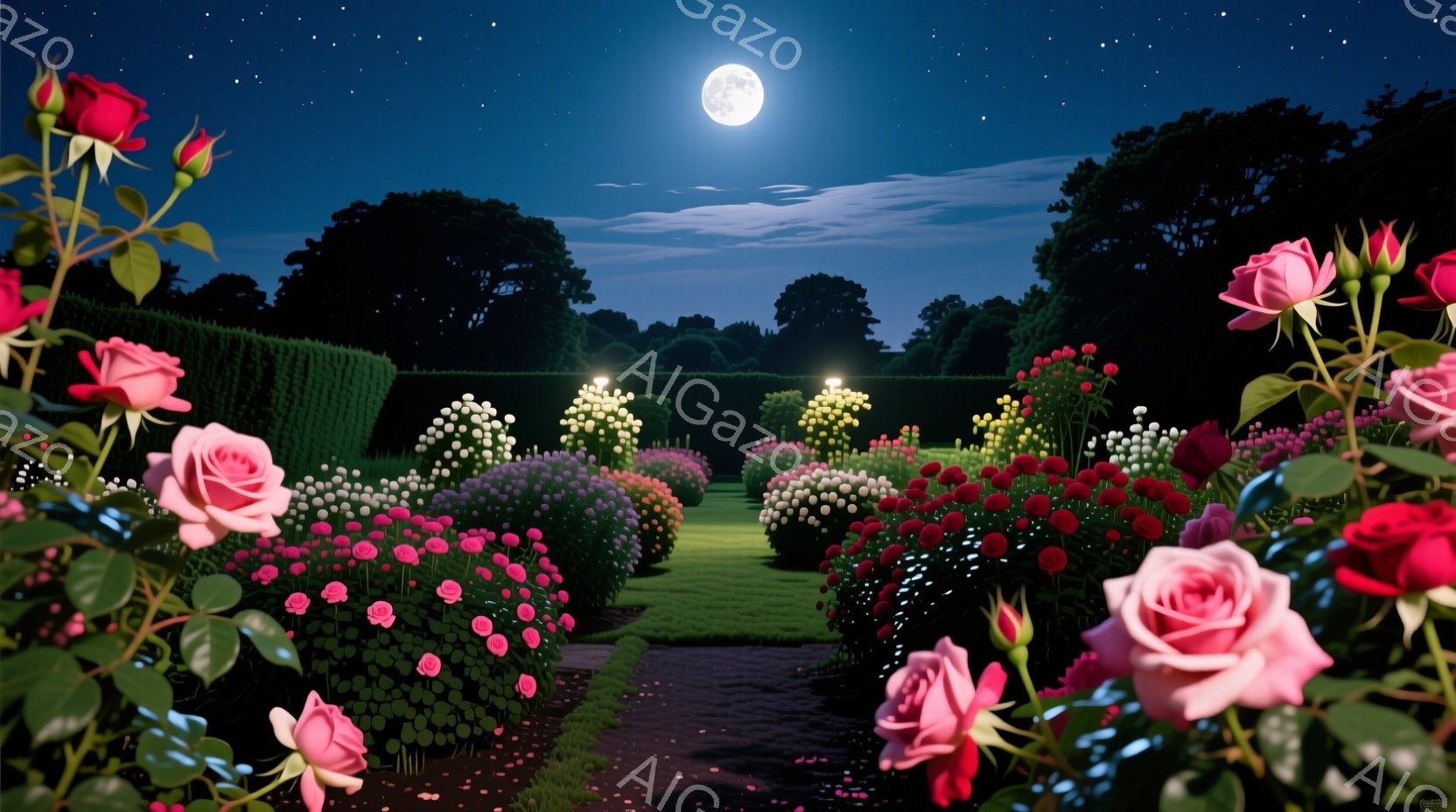 深夜の庭園には、色とりどりのバラが咲き乱れ、暗闇の中で鮮やかな色彩を放っている。月の光が優しく庭全体を照らし、バラの花びらや緑の葉を幻想的に輝かせている。手入れの行き届いた庭は、まるで夢の中のような静 - AI生成フリー素材