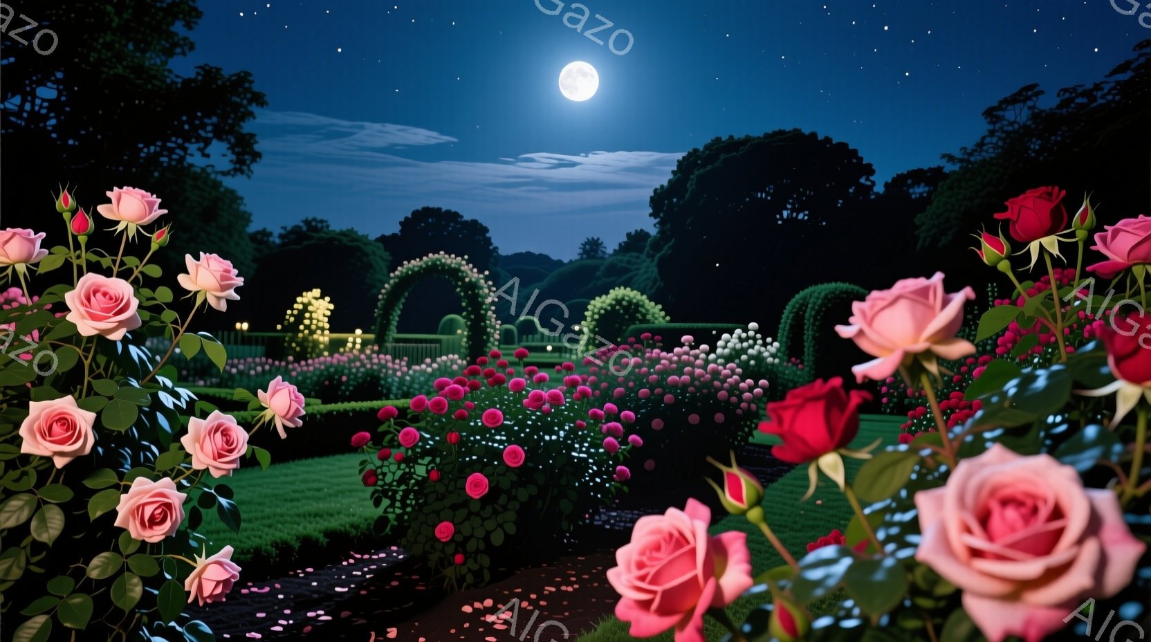 深夜の庭園が広がり、ピンクと赤色のバラが咲き乱れている。月明かりが庭全体を照らし、手入れされた低木やアーチ型の門がシルエットとして浮かび上がる。夜空には星が輝き、静かでロマンチックな雰囲気が漂っている - AI生成フリー素材