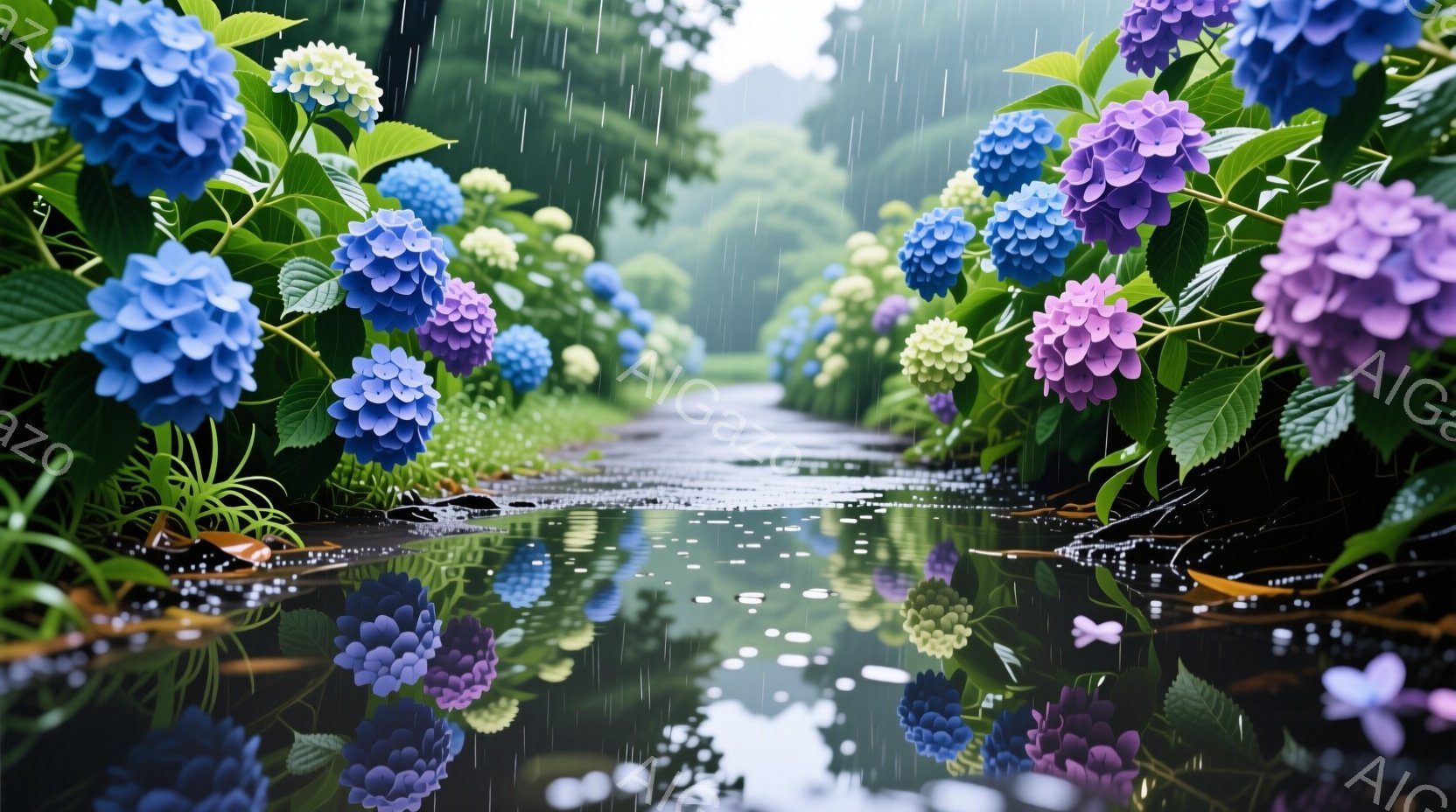 雨上がりの風景で、紫と青色のあじさいが両側に咲き乱れ、道に水たまりができています。あじさいの花びらは生き生きとしており、緑豊かな葉と相まって、美しいコントラストを生み出しています。全体的にしっとりとした静かで穏やかな雰囲気が漂い、雨上がりの自然の美しさが際立っています。