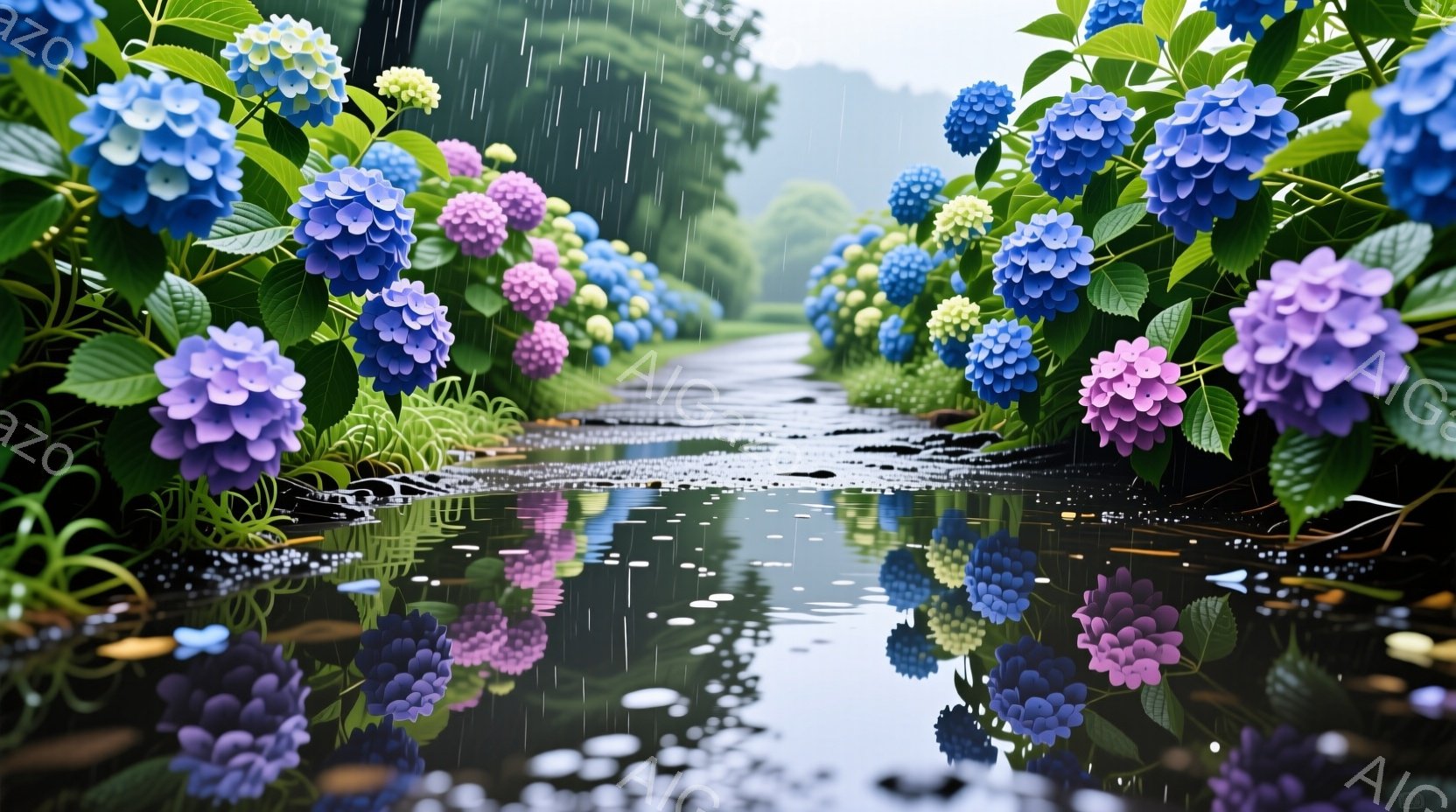 雨が降りしきる中、紫とピンクのあじさいが道の両側に咲き乱れ、まるでトンネルのような景色を作り出しています。道の水溜まりにはあじさいが映り込み、幻想的な雰囲気を醸し出しています。背景は緑豊かな木々に覆われ、雨音と花の香りが漂う静かな風景です。