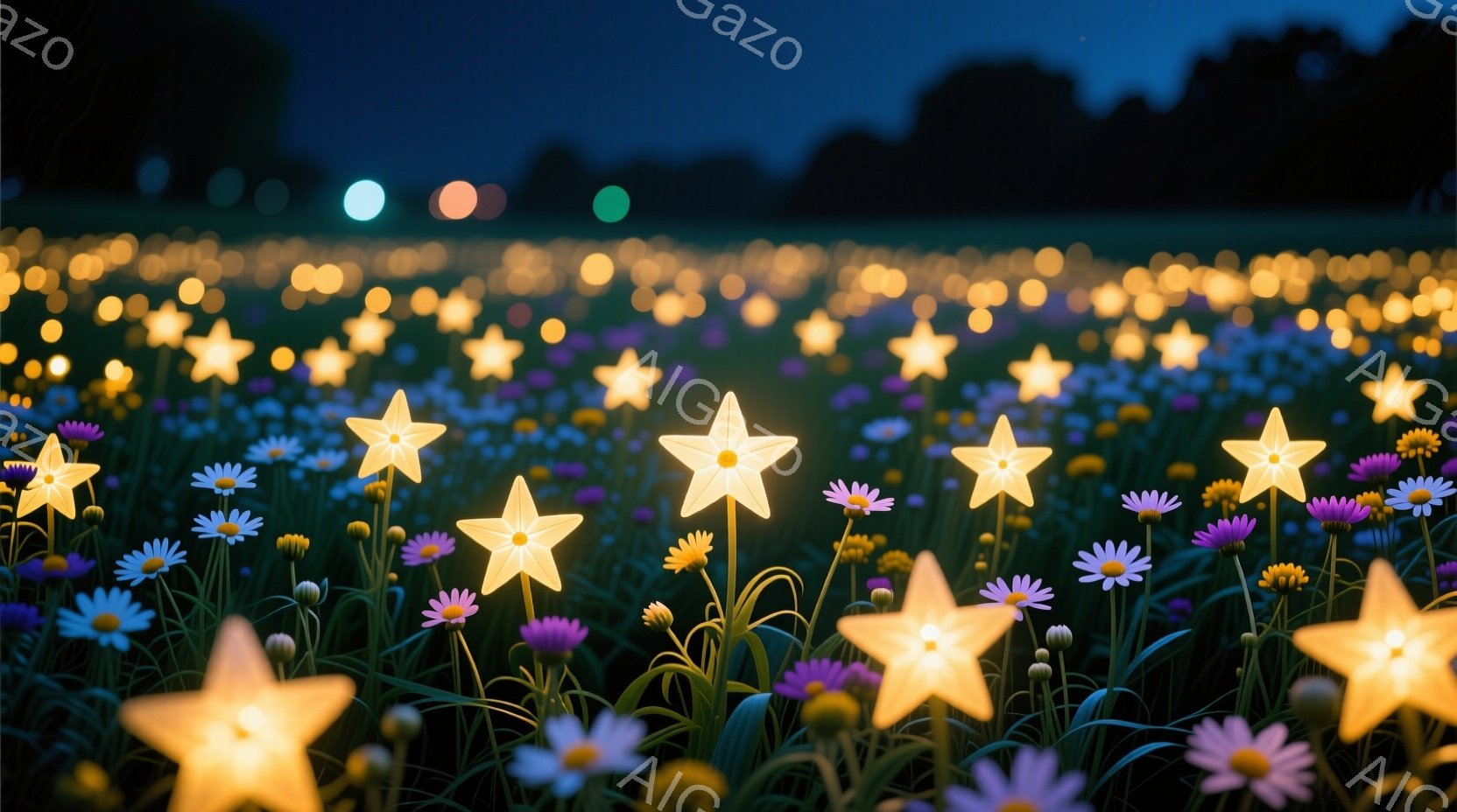 夜の暗い草原に、無数の光る星のような花が咲き乱れている様子が描かれています。紫、白、黄色の花々が密集し、その上に明るい光を放つ星の花が咲き誇り、幻想的な雰囲気を醸し出しています。遠くにはぼんやりと木々 - AI生成フリー素材