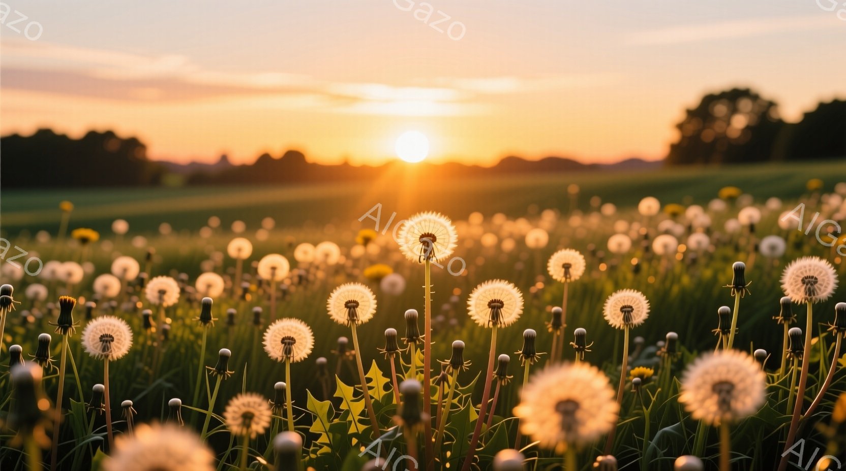 広大な草原にタンポポが咲き乱れ、夕焼け空が背景に広がっている。太陽は地平線に沈みかけ、空をオレンジ色と黄色で染め上げ、暖かい光がタンポポを照らしている。風に揺れるタンポポの綿毛が、穏やかで幻想的な雰囲気を醸し出している。