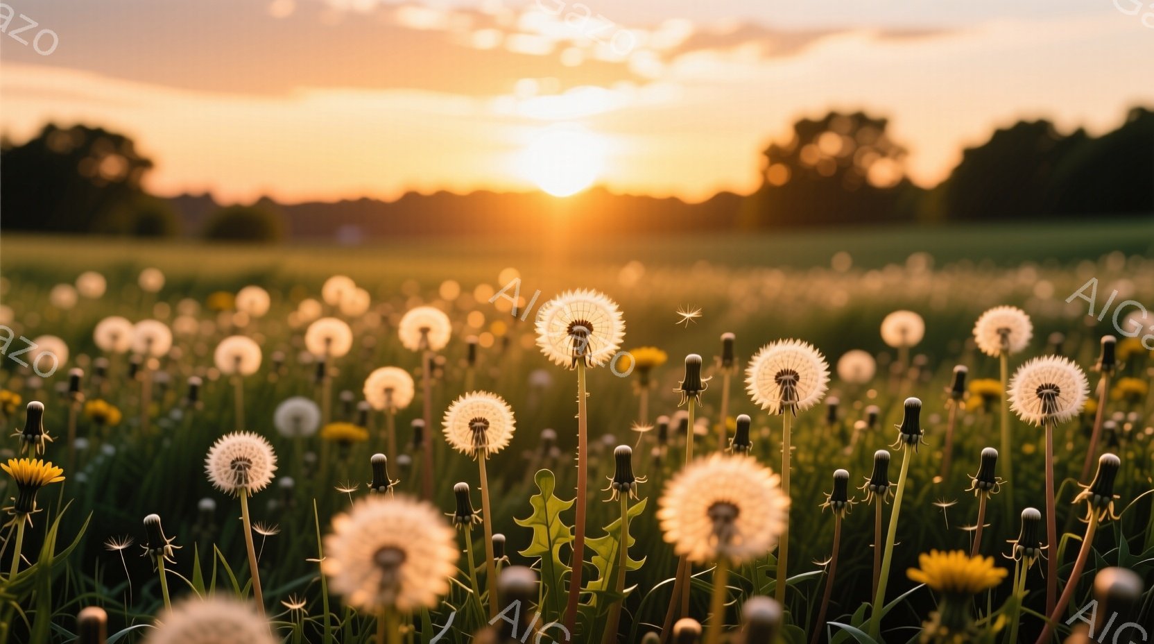 鮮やかな夕焼けを背景に、タンポポが咲き乱れる野原が広がっています。手前のタンポポは綿毛となり、空気中に漂う種子を連想させ、遠くには緑豊かな草地と木々が見えます。温かく穏やかな光が全体を包み込み、安らぎと希望に満ちた雰囲気を作り出しています。