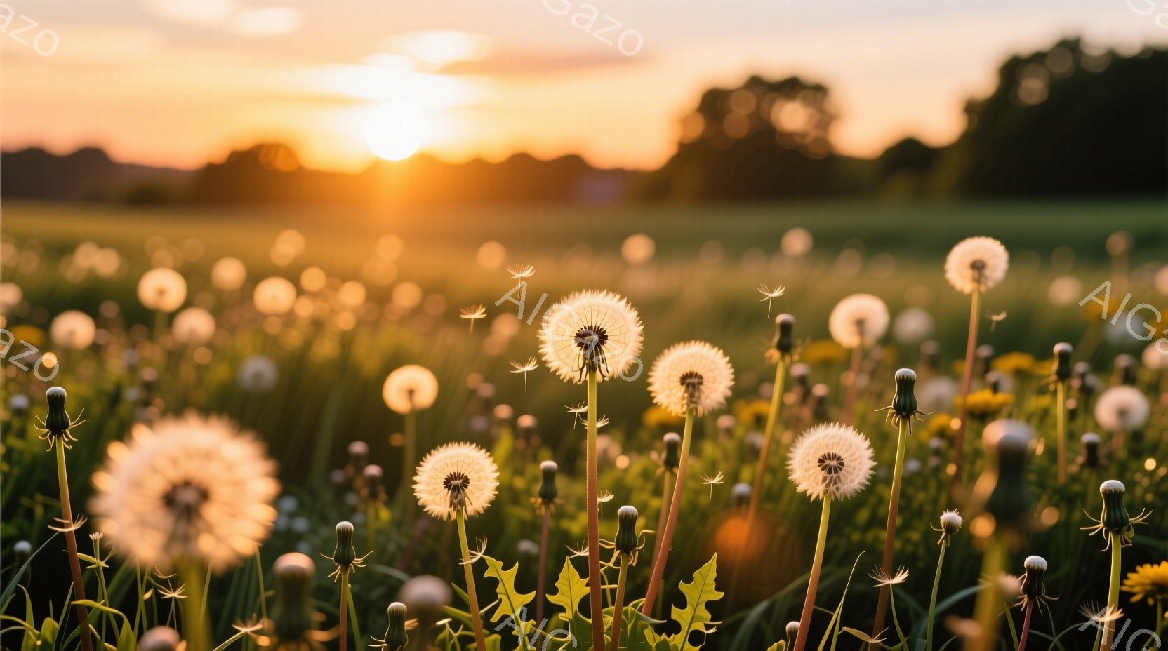 鮮やかな緑の草原にタンポポが咲き乱れ、夕日の暖かい光に照らされています。手前のタンポポは種を飛ばす前のふわふわとした綿毛の状態で、背景にはぼんやりと緑の丘と夕焼け空が広がっています。全体的に穏やかで、幻想的な雰囲気が漂っています。