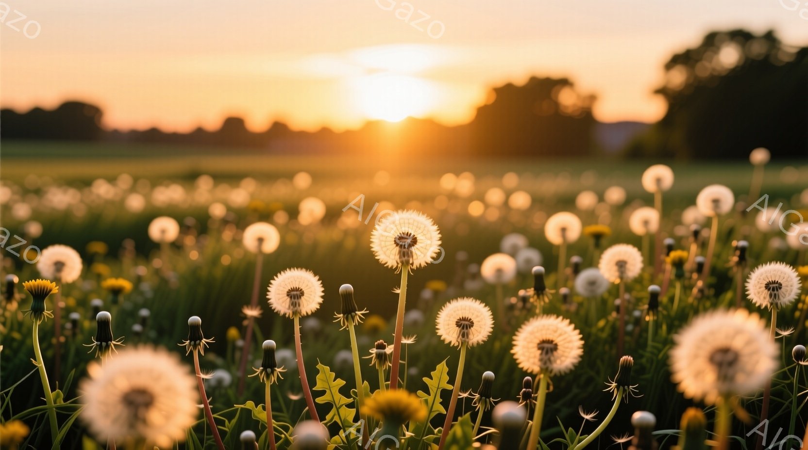 鮮やかな緑色の草原に、タンポポが咲き乱れている様子が写っている。夕暮れ時の太陽が背景に輝き、黄金色の光が草原全体を包み込んでいる。タンポポは、咲き始めのものから綿毛になったものまで、様々な段階で見られ、穏やかで優しい雰囲気を醸し出している。