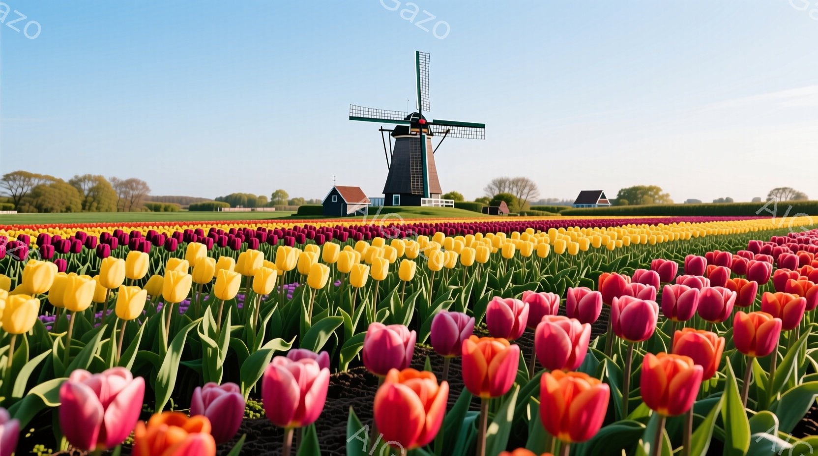 色鮮やかなチューリップ畑が広がり、赤と黄色の花が規則的に並んで咲き誇っています。遠景には、伝統的なオランダの風車が緑の木々と青空の下にそびえ立ち、牧歌的な風景を作り出しています。穏やかな日差しが全体を照らし、平和で穏やかな雰囲気を醸し出しています。