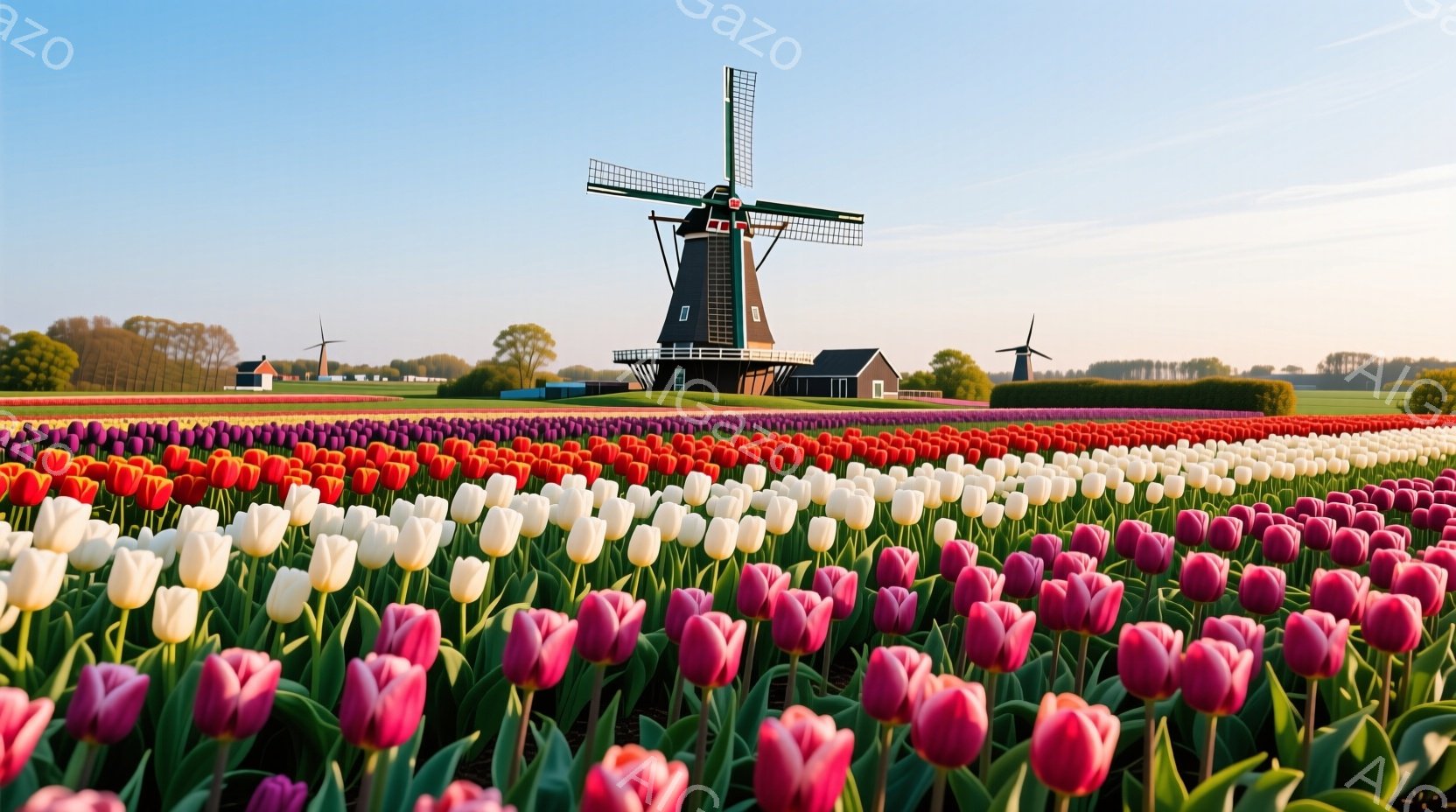 広大なチューリップ畑が広がり、赤、白、紫、ピンク色の花が密集して咲き乱れている。背景には風車がそびえ立ち、緑豊かな木々と青空が広がっている。暖かく晴れた日の穏やかな雰囲気で、春の訪れを感じさせる美しい風景である。