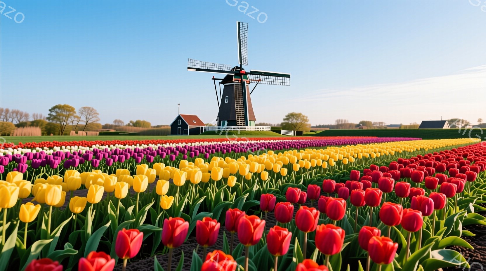 広大なチューリップ畑が広がり、赤、黄、紫の鮮やかな色彩が並んでいます。背景には伝統的な風車がそびえ立ち、青空と緑の牧草地が広がるオランダの風景を映し出しています。穏やかな日差しと色彩豊かな花々が、平和で美しい雰囲気を醸し出しています。