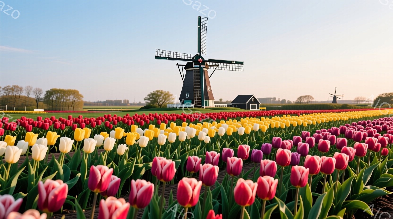 広大なチューリップ畑が視界いっぱいに広がり、赤、黄、白、紫といった鮮やかな色彩が咲き乱れている。遠景にはオランダの風車がそびえ立ち、緑豊かな木々と穏やかな空が背景に広がっている。全体的に暖かく、平和で、春の訪れを感じさせる雰囲気である。
