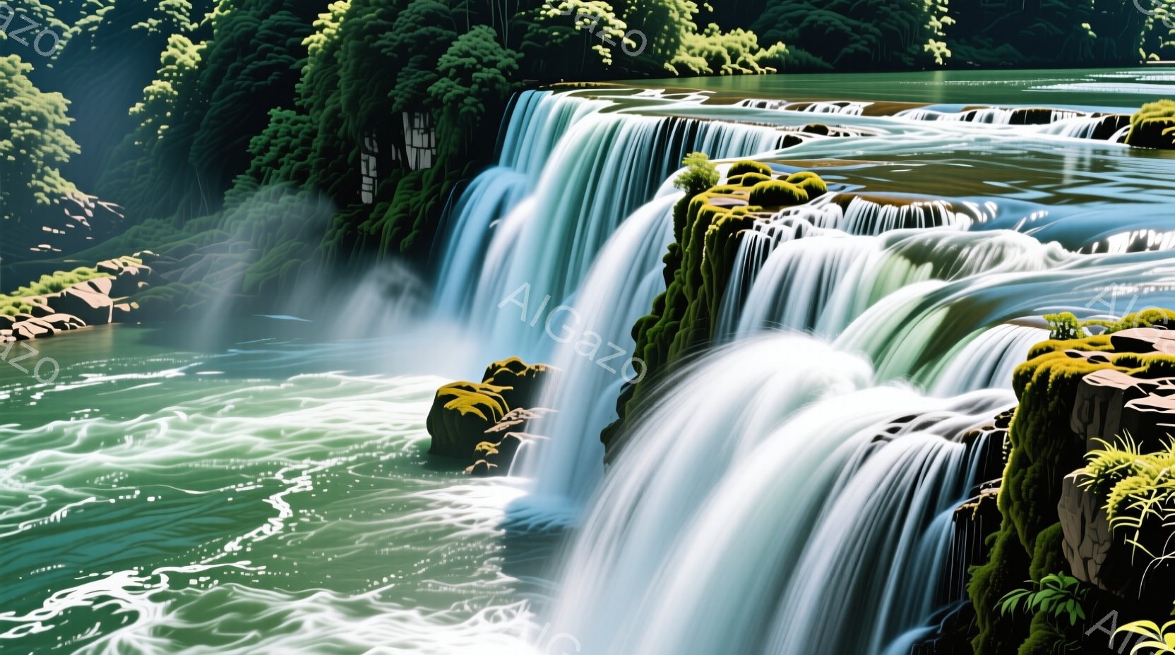 鮮やかな緑に覆われた岩肌を流れ落ちる滝が印象的な風景です。水は幾重にも流れ落ち、白く輝き、周囲の緑とのコントラストが美しいです。背景には鬱蒼とした木々が立ち並び、自然の力強さと静けさを感じさせます。