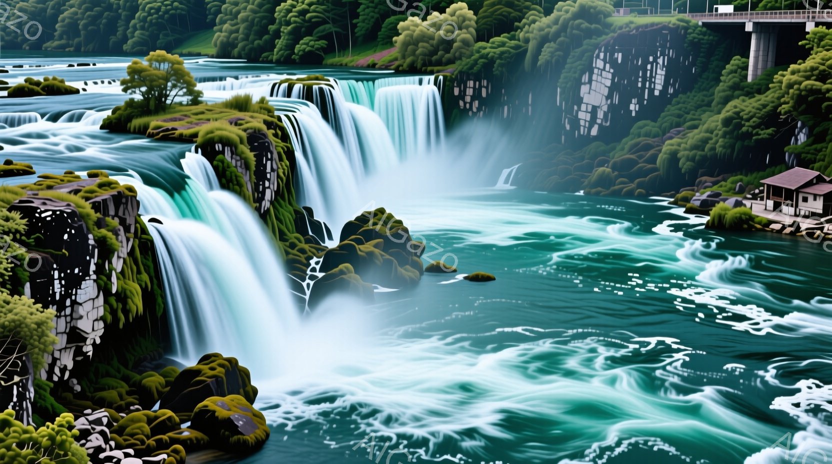 鮮やかな緑に覆われた岩々を縫うように、白い水の流れが力強く落ちている様子が描かれています。背景には、木々が生い茂り、小さな建物が点在し、霧が立ち込めて幻想的な雰囲気を醸し出しています。全体として、自然の雄大さと静寂が感じられる、美しい風景画です。