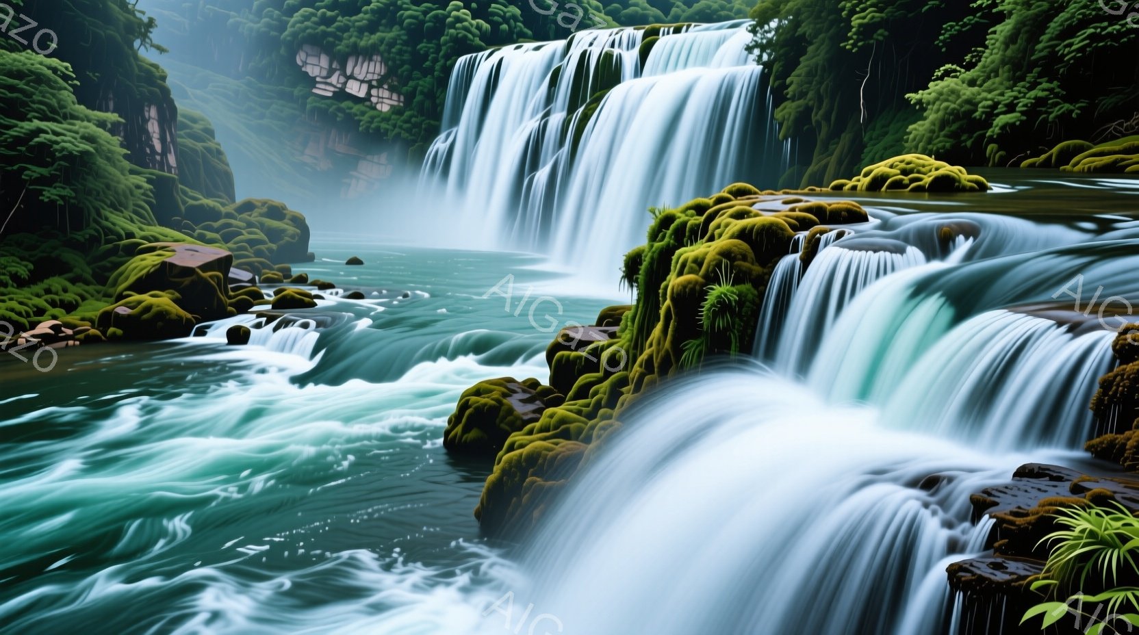 鮮やかな緑の苔に覆われた岩肌を流れ落ちる滝が印象的な風景です。水は幾重にも流れ落ち、白く輝きながら力強く流れ落ちています。周囲は緑豊かな森林に囲まれ、霧がかかった神秘的な雰囲気を醸し出しています。