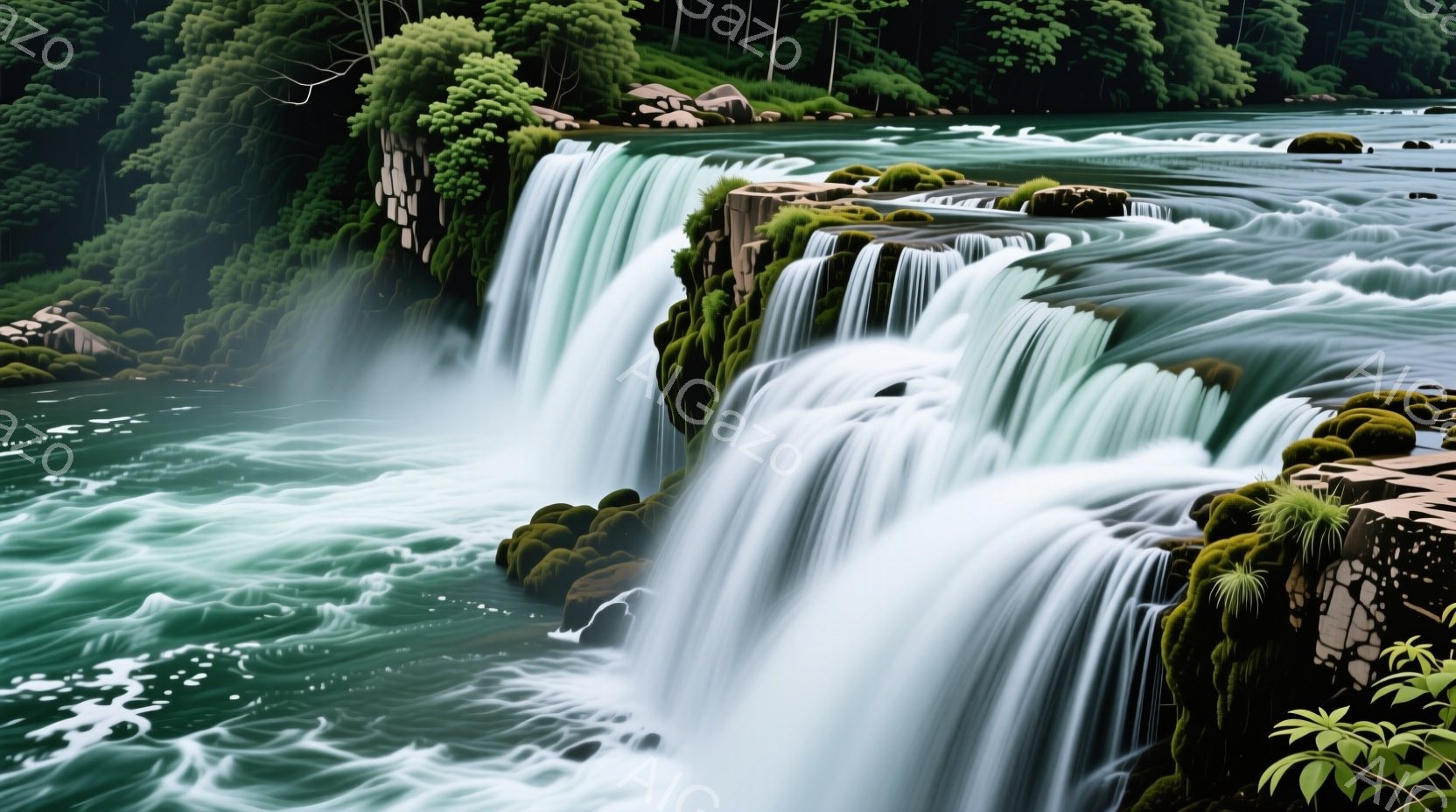 鮮やかな緑色の苔に覆われた岩肌を流れ落ちる、迫力満点の滝が印象的な風景です。水は幾重にも流れ落ち、白い泡を立てながら激しく流れ落ちています。周囲には深い緑の木々が生い茂り、自然豊かな神秘的な雰囲気を醸 - AI生成フリー素材