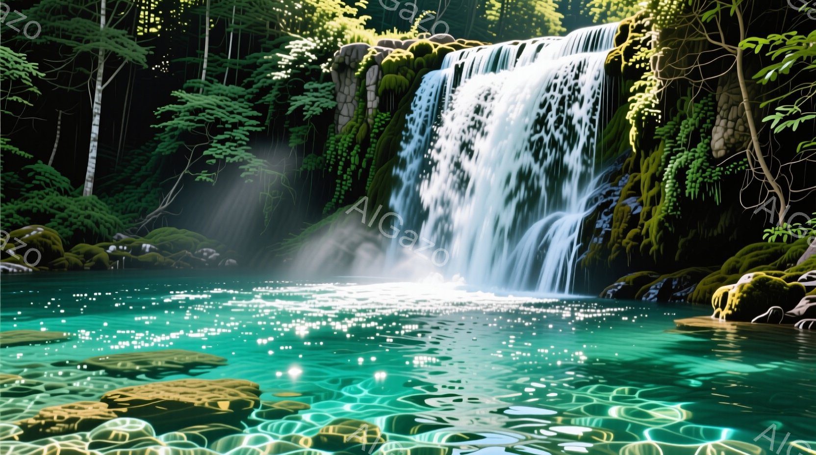 鮮やかな緑に囲まれた滝が、澄んだ青緑色の水面へと流れ込んでいる様子が描かれています。滝の周りは緑豊かな植物で覆われ、光の筋が差し込み幻想的な雰囲気を醸し出しています。水面には太陽光が反射し、きらきらと輝き、まるで宝石のような光景です。