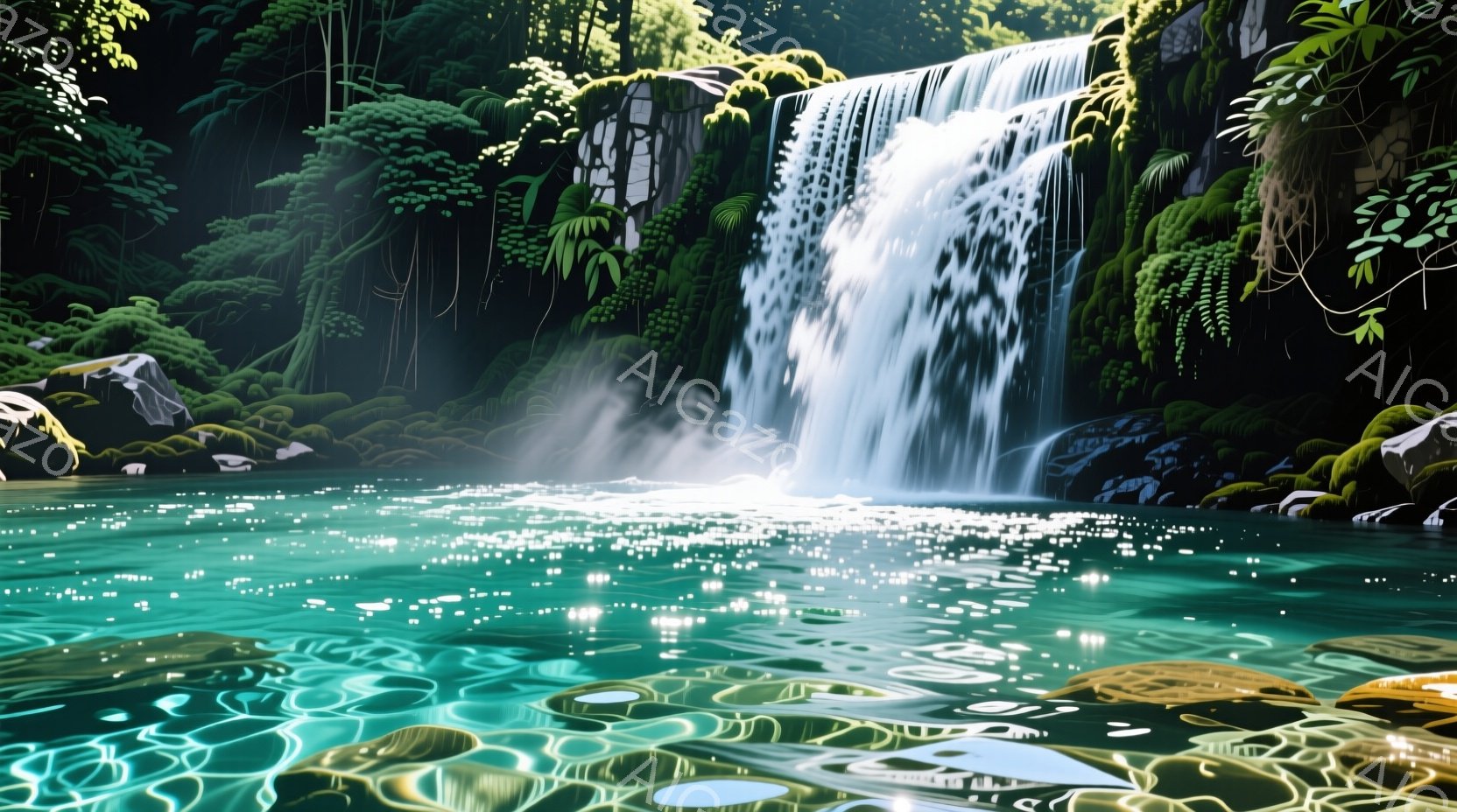 鬱蒼とした緑に囲まれた滝が、澄んだエメラルドグリーンの水面へと流れ込んでいる風景だ。滝の水しぶきが光を反射し、水面にはきらめく光の粒子が散りばめられている。背景には緑豊かな植物が生い茂り、自然の静寂と - AI生成フリー素材
