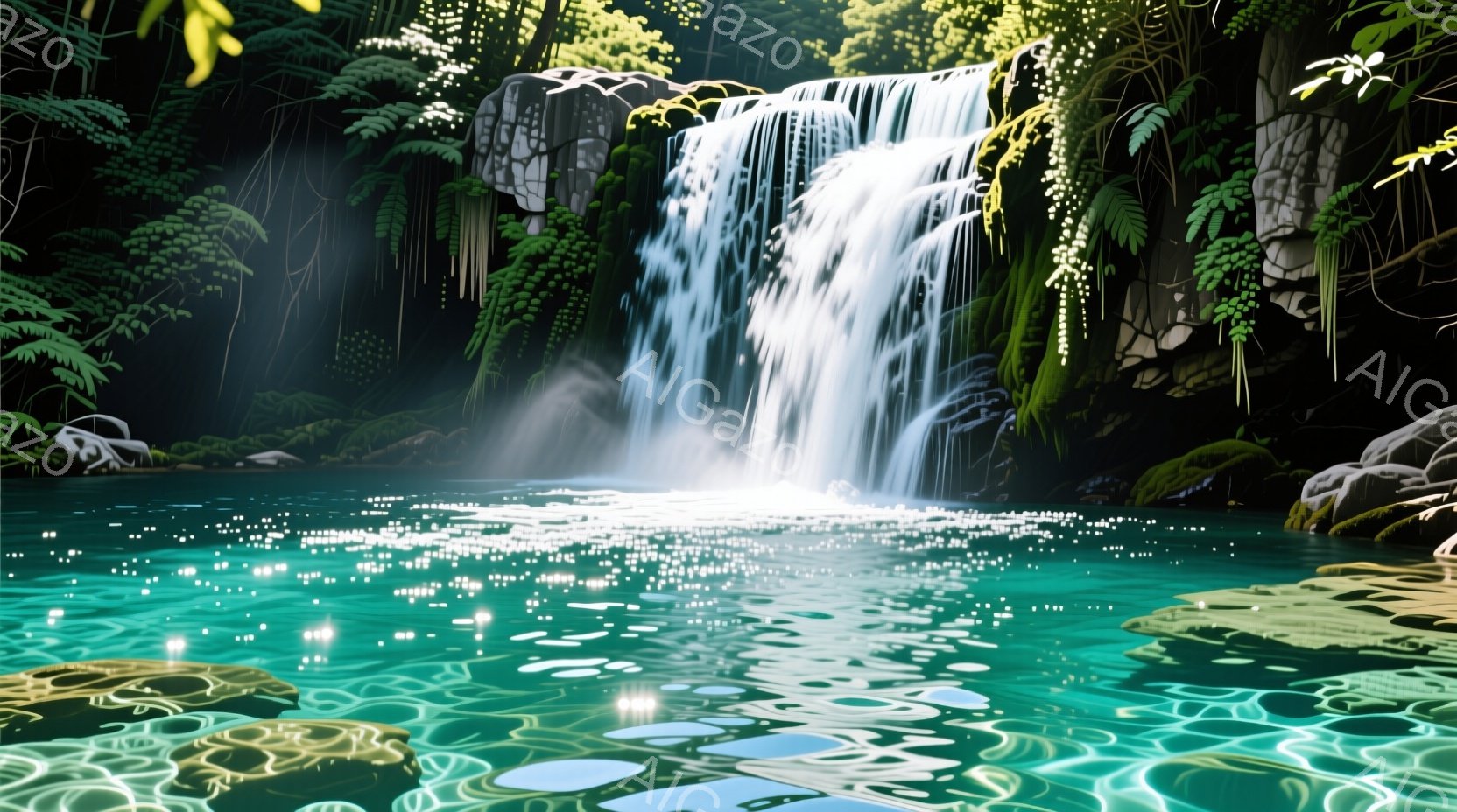 鬱蒼とした緑に囲まれた滝が、澄んだターコイズブルーの水面に流れ落ちています。滝の周囲には岩や植物が茂り、光の反射が水面でキラキラと輝いています。 全体的に、自然の静けさと美しさを感じさせる、神秘的で穏 - AI生成フリー素材