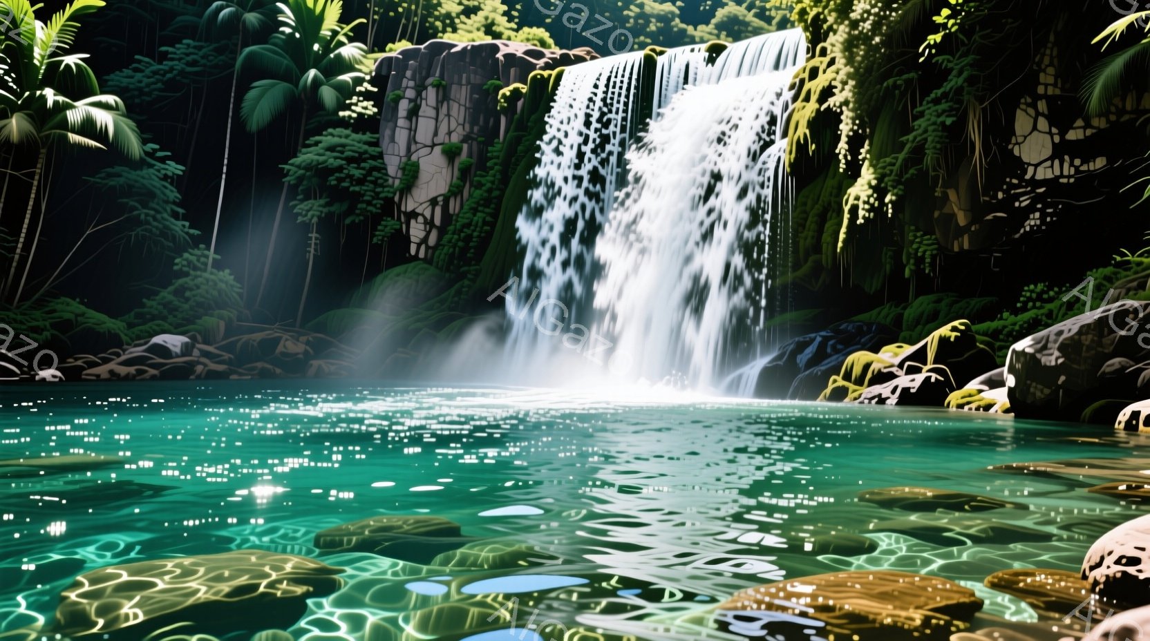 鬱蒼とした緑に囲まれた滝が印象的な光景です。水面には太陽光が反射し、キラキラと輝き、周囲の岩場や植物とのコントラストが美しいです。滝の水は勢いよく流れ落ち、自然の力強さと静けさを感じさせる、神秘的な雰 - AI生成フリー素材