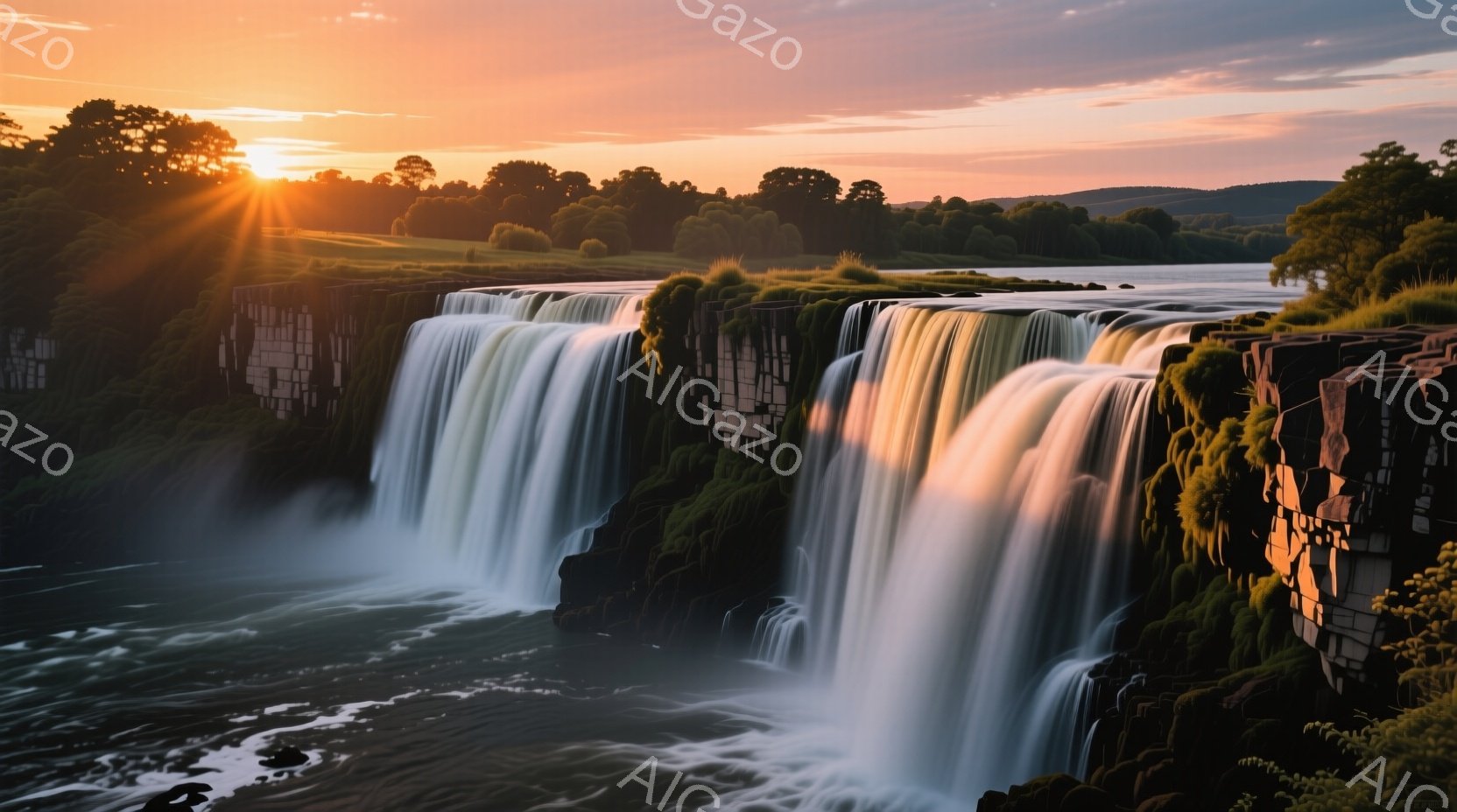 広大な滝が岩肌を流れ落ち、水しぶきが太陽の光を受けて輝いている。背景には緑豊かな森林が広がり、夕焼け空がオレンジとピンクのグラデーションで美しい光景を作り出している。滝の周辺には植物が生い茂り、自然の力強さと静寂が感じられる。
