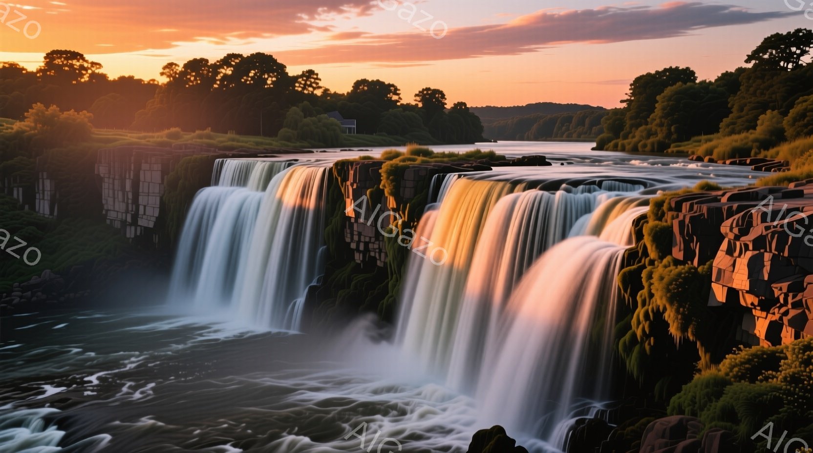 鮮やかな夕焼けを背景に、幅広く流れる滝が力強く写っている。滝は岩場を流れ落ち、水しぶきが太陽の光を浴びて輝いている。緑豊かな木々が生い茂る背景と、穏やかな水面とのコントラストが美しい光景を作り出してい - AI生成フリー素材