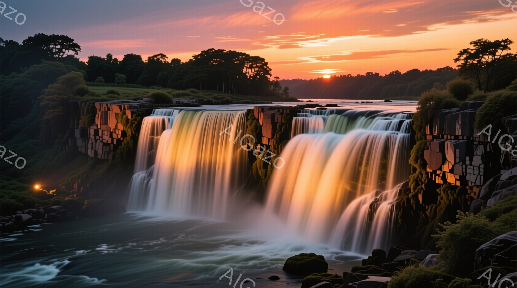 巨大な滝が岩肌を流れ落ち、水しぶきが空中に舞い上がっている。夕焼け空は赤とオレンジの色合いで輝き、滝とその周囲の緑豊かな植物を照らしている。この景色は壮大で、自然の力強さと美しさを感じさせる。 - AI生成フリー素材