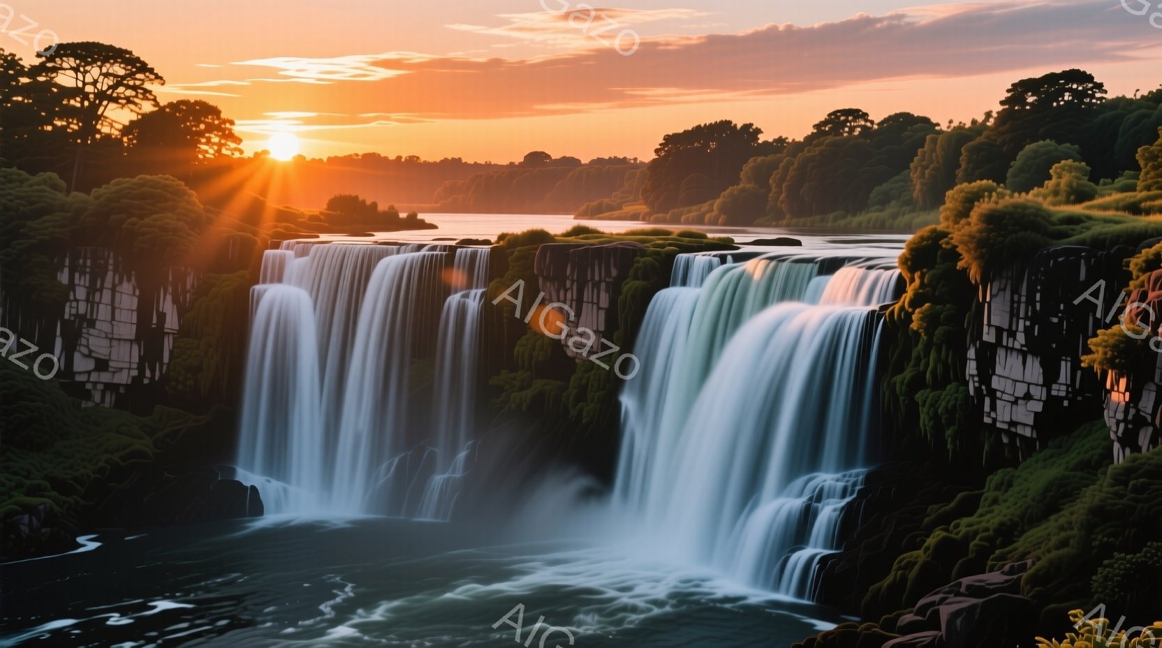 巨大な滝が力強く流れ落ち、水しぶきが太陽の光を受けて輝いている。背景には緑豊かな熱帯雨林が広がり、夕焼け空が滝とその周囲を暖かく照らしている。全体的に、自然の壮大さと静けさ、そして夕暮れ時の美しい雰囲気が伝わってくる。