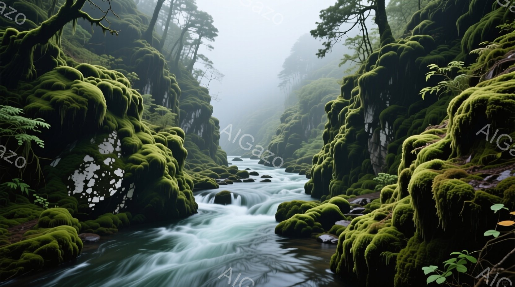 緑豊かな苔に覆われた岩壁に挟まれた川が、霧の中に流れている風景です。水の流れは速く、白く泡立ち、岩肌を削るように見えます。全体的に湿っぽく、静かで神秘的な雰囲気が漂っています。 - AI生成フリー素材